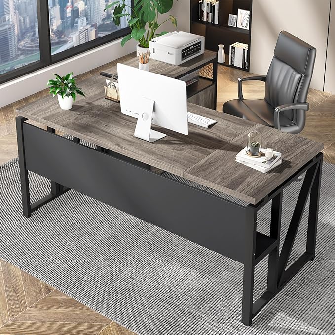 63" Executive Desk with Reversible File Cabinet, Large L-Shaped Office Desk