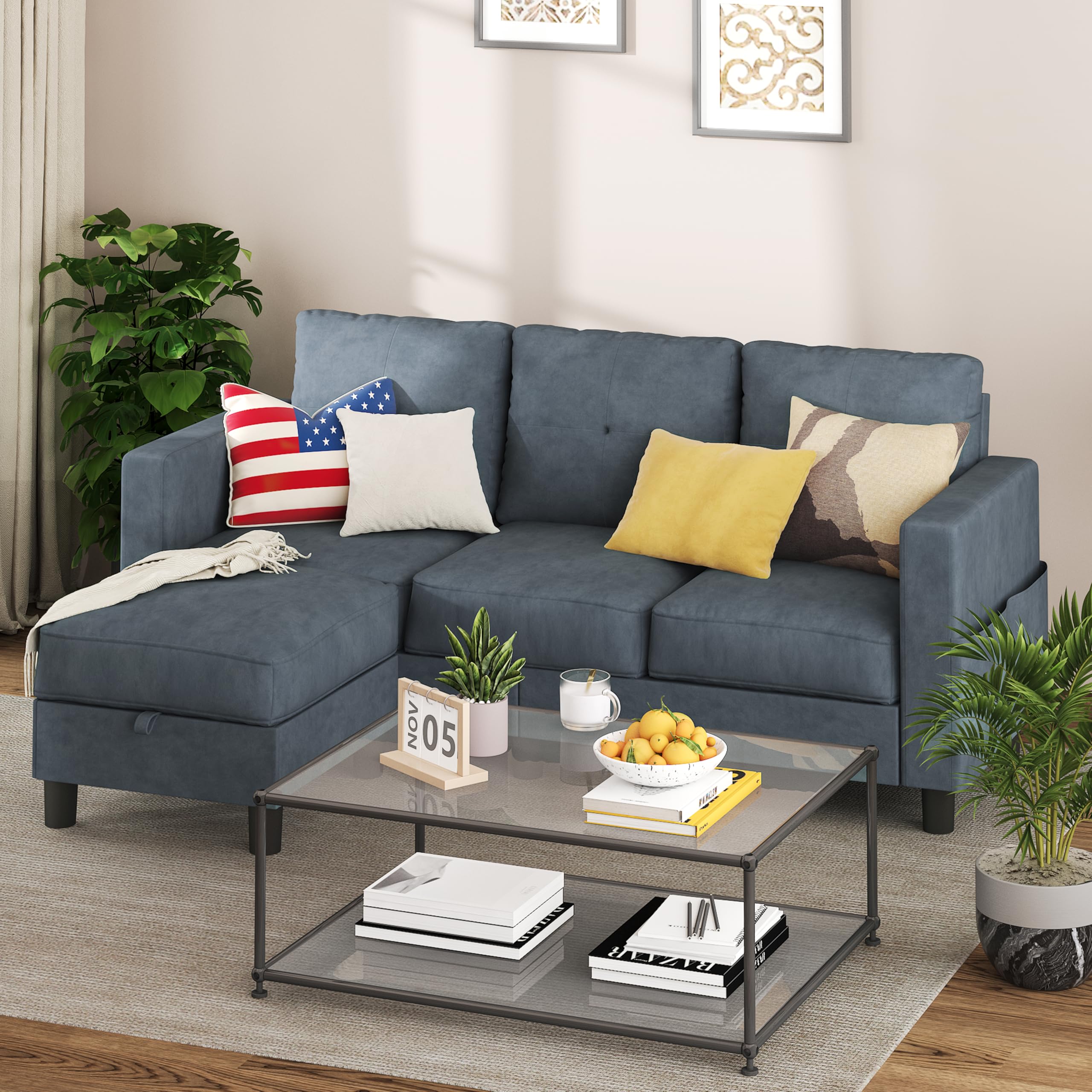 Small Sectional Couch with Ottoman, 3 Seat L Shaped Sofa