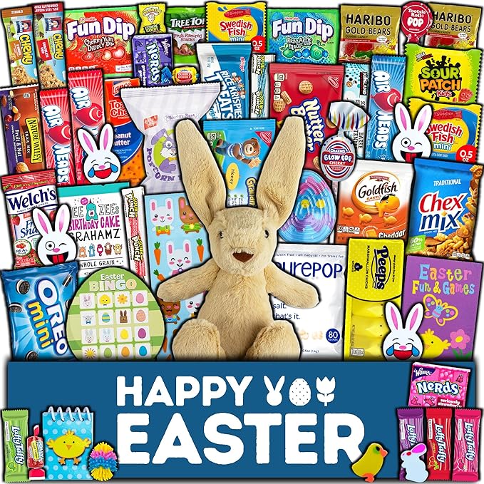 Easter Care Package (50ct) - Candy Snacks Treats Plush Bunny Chocolate Cookies