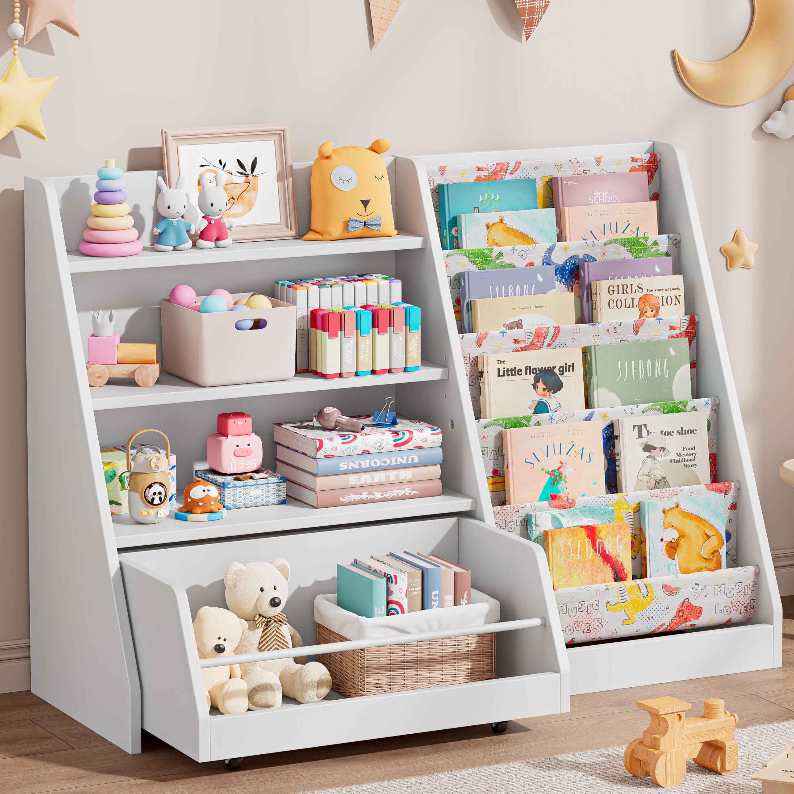 Bookshelf and Toy Storage, 4 Tier Toddler Bookshelf with Movable Drawer