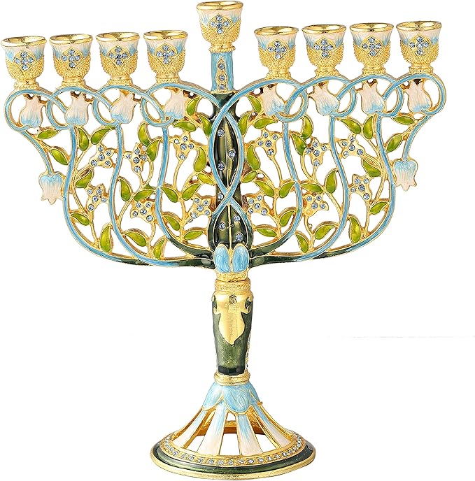 Hand Painted Blue and Ivory Tulip Menorah Candelabra, Embellished