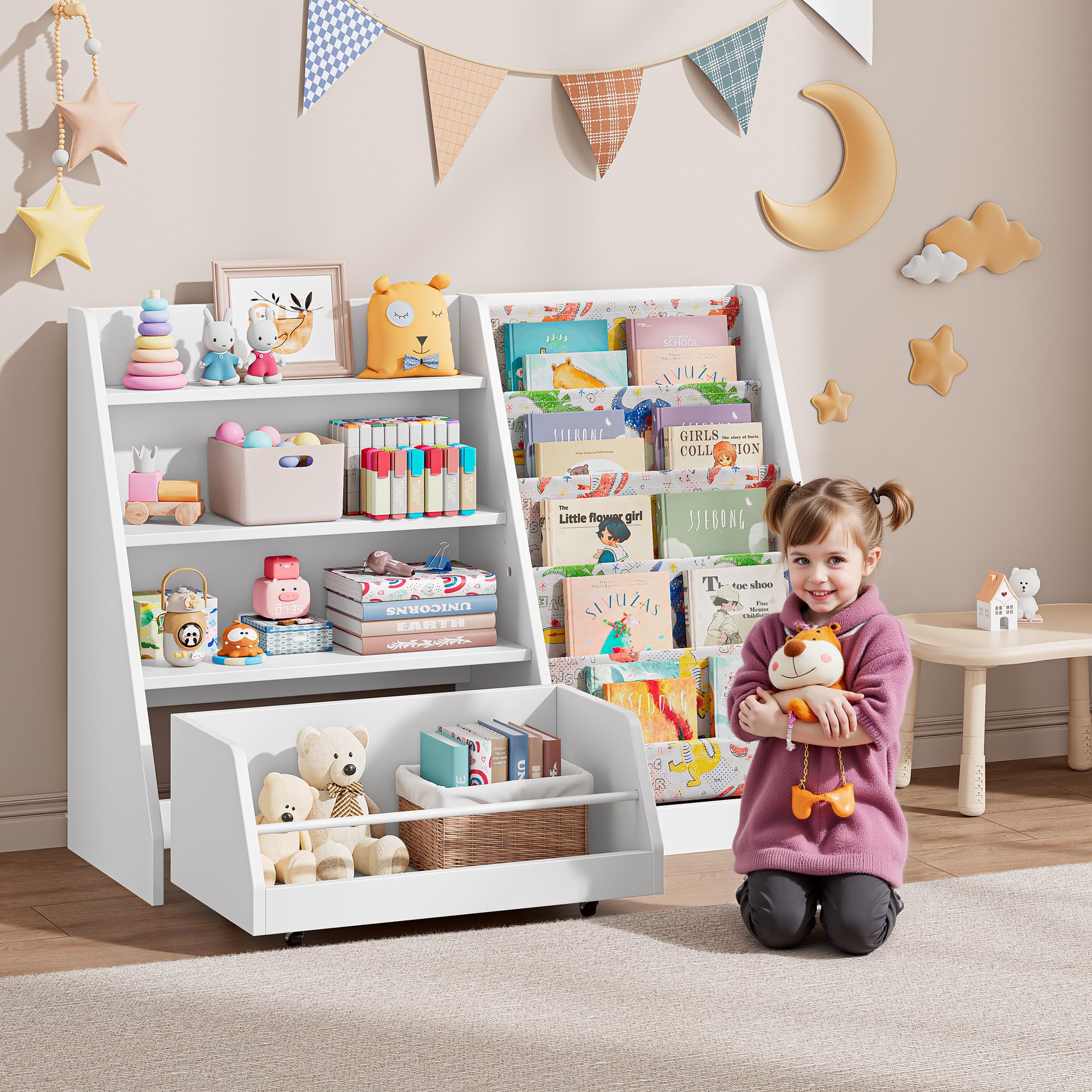 Bookshelf and Toy Storage, 4 Tier Toddler Bookshelf with Movable Drawer