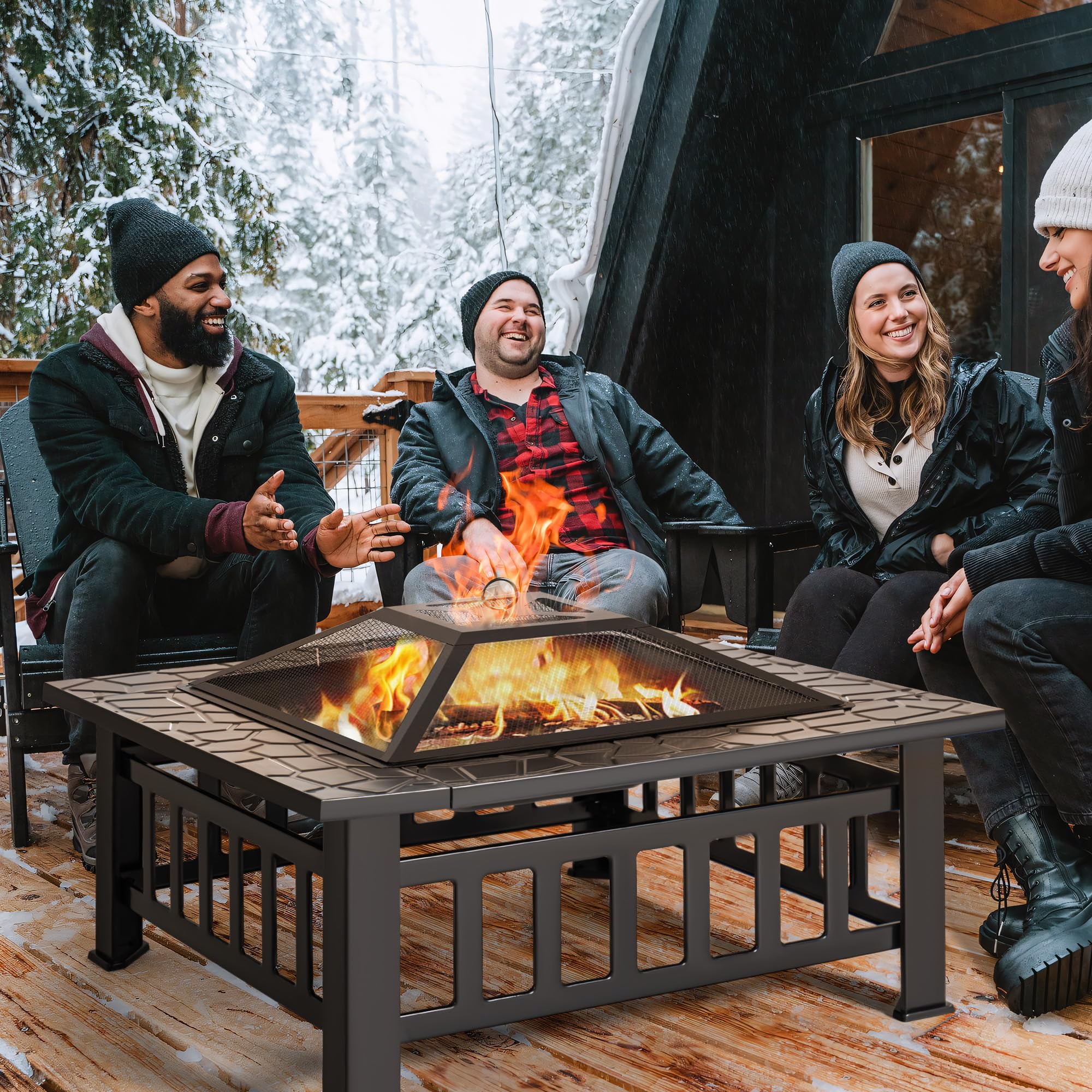 Multifunctional Outdoor Fire Pit Table with Spark Screen, Fire Grate and Poker