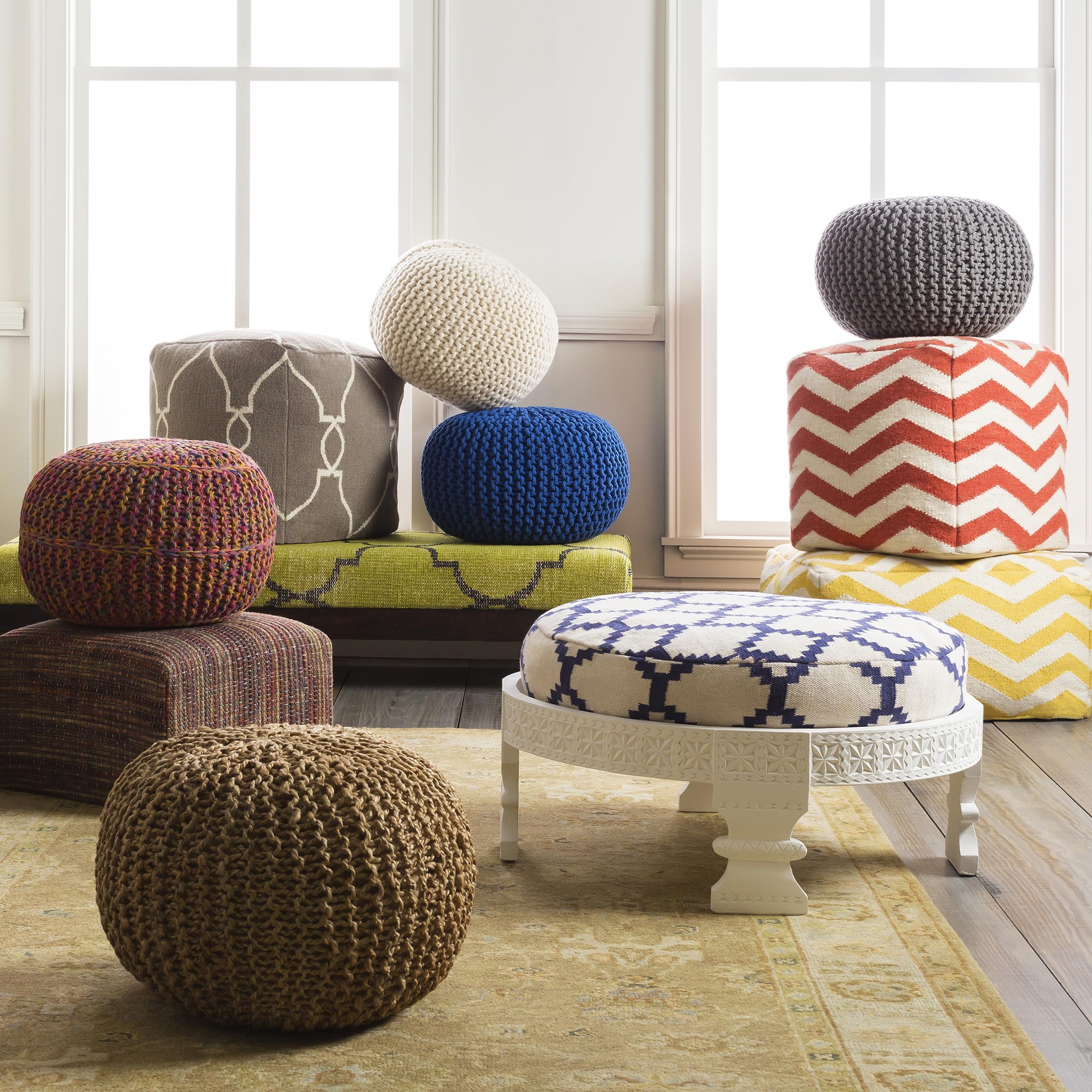 100-Percent Jute Pouf, 20-Inch by 20-Inch by 14-Inch, Carnation/Gold/Teal