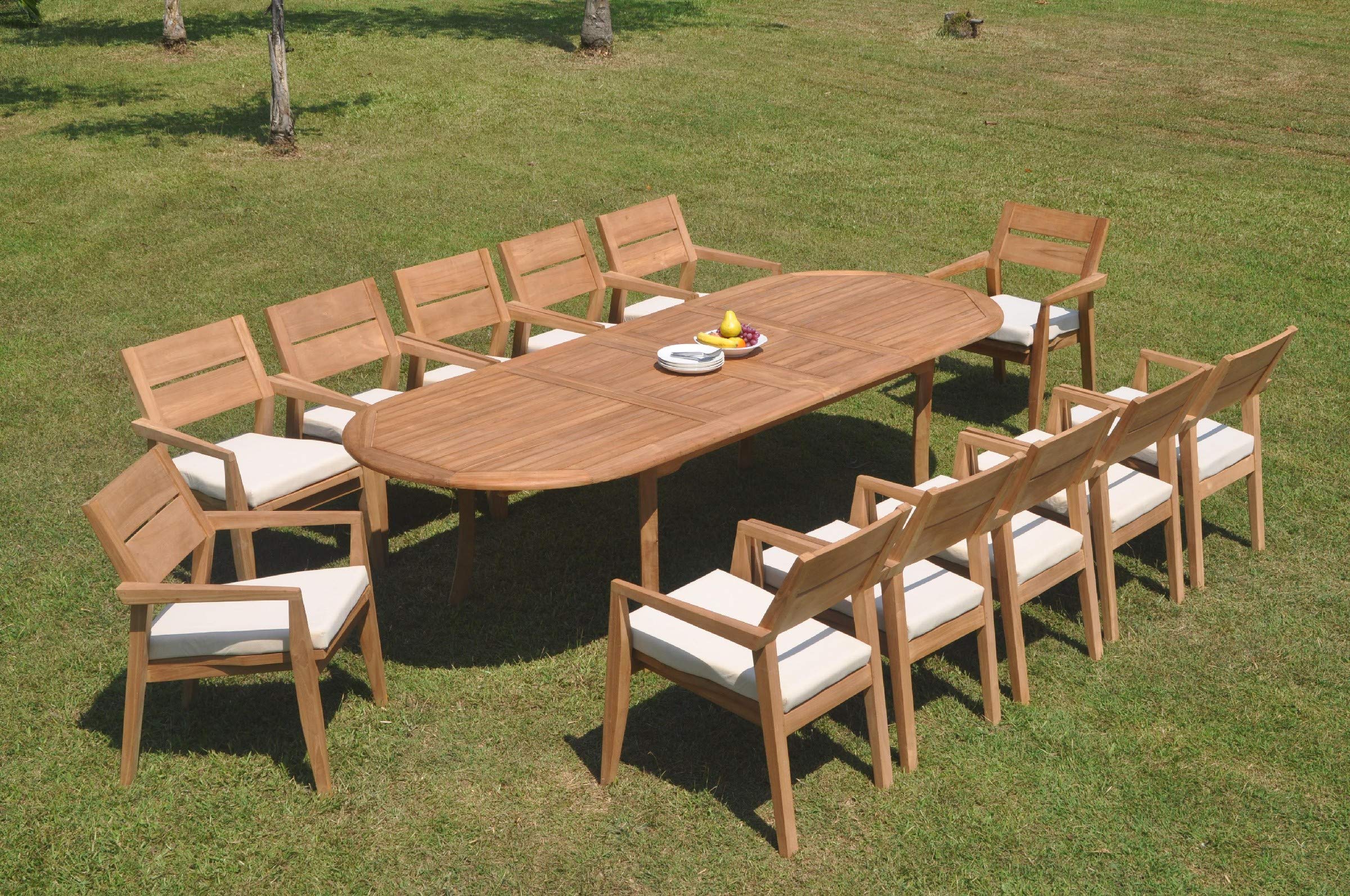 12 Seats 13 Pcs Grade-A Teak Wood Dining Set: 118" Double Extension Oval Table