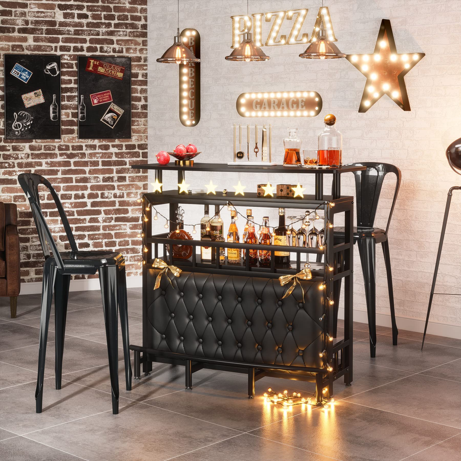 Home Bar Unit for Liquor, 44-Inch Bar Height Table with Storage, Black