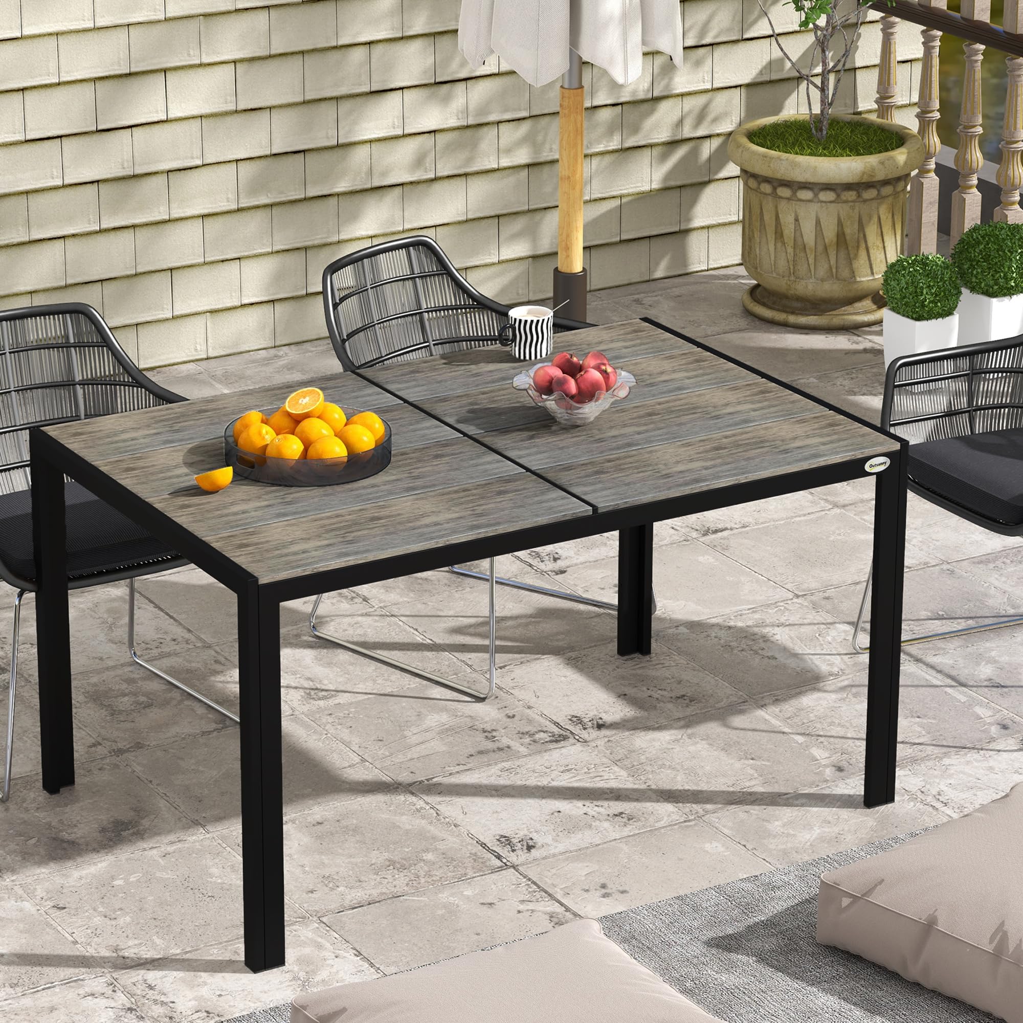 Outdoor Dining Table for 6 People, Aluminum Rectangular Patio Table with Faux Wood