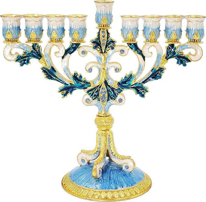 Enameled Metal Menorah with Jeweled Accents (Hand-Painted Enamel Menorah Blue/White/Silver)