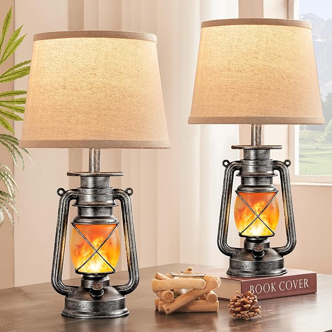 LED Lantern Flickering Flame Table Lamps for Bedrooms Set of 2, Small Farmhouse