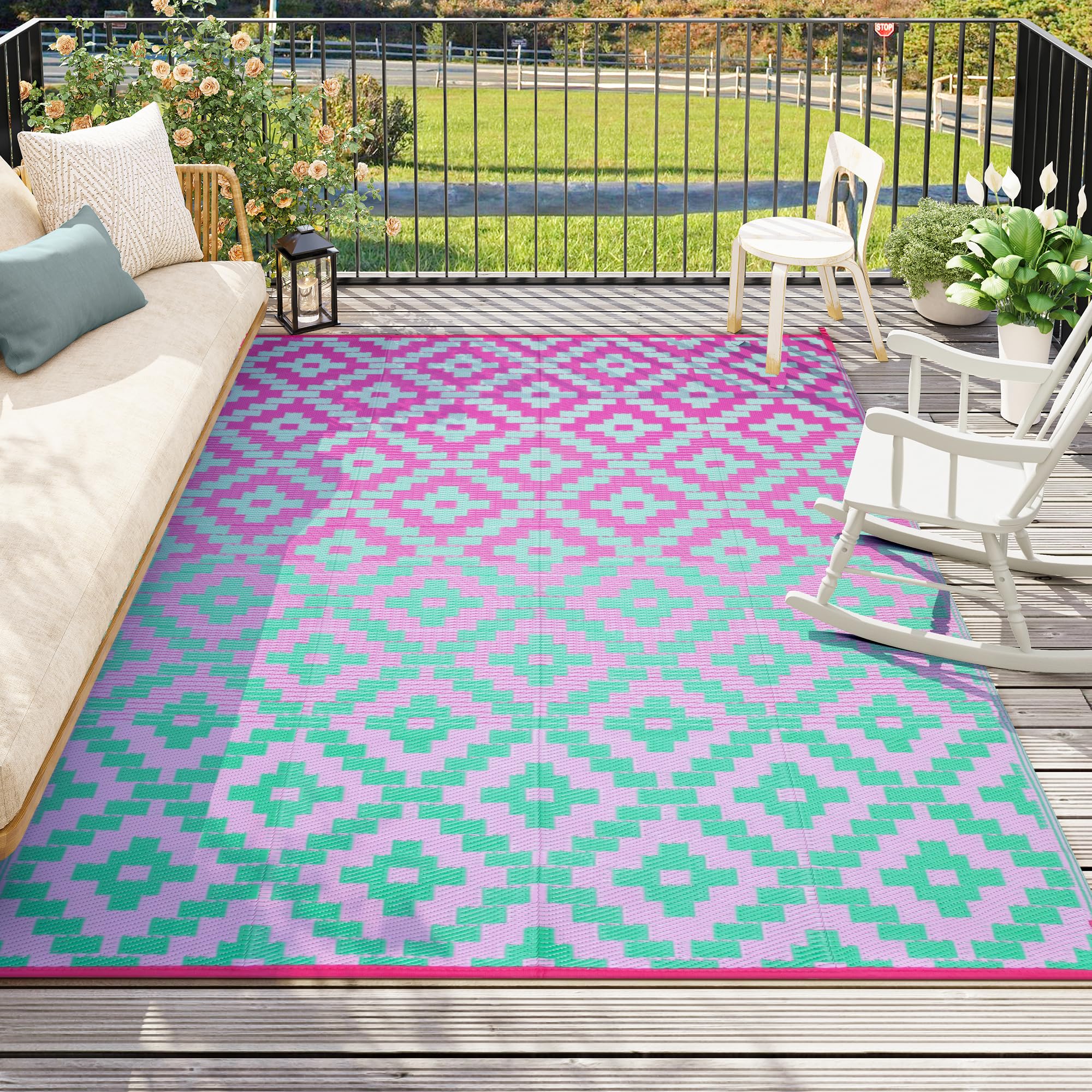 Ombre Outdoor Area Rugs 8x10 Waterproof, Reversible Plastic Straw Outside Rug