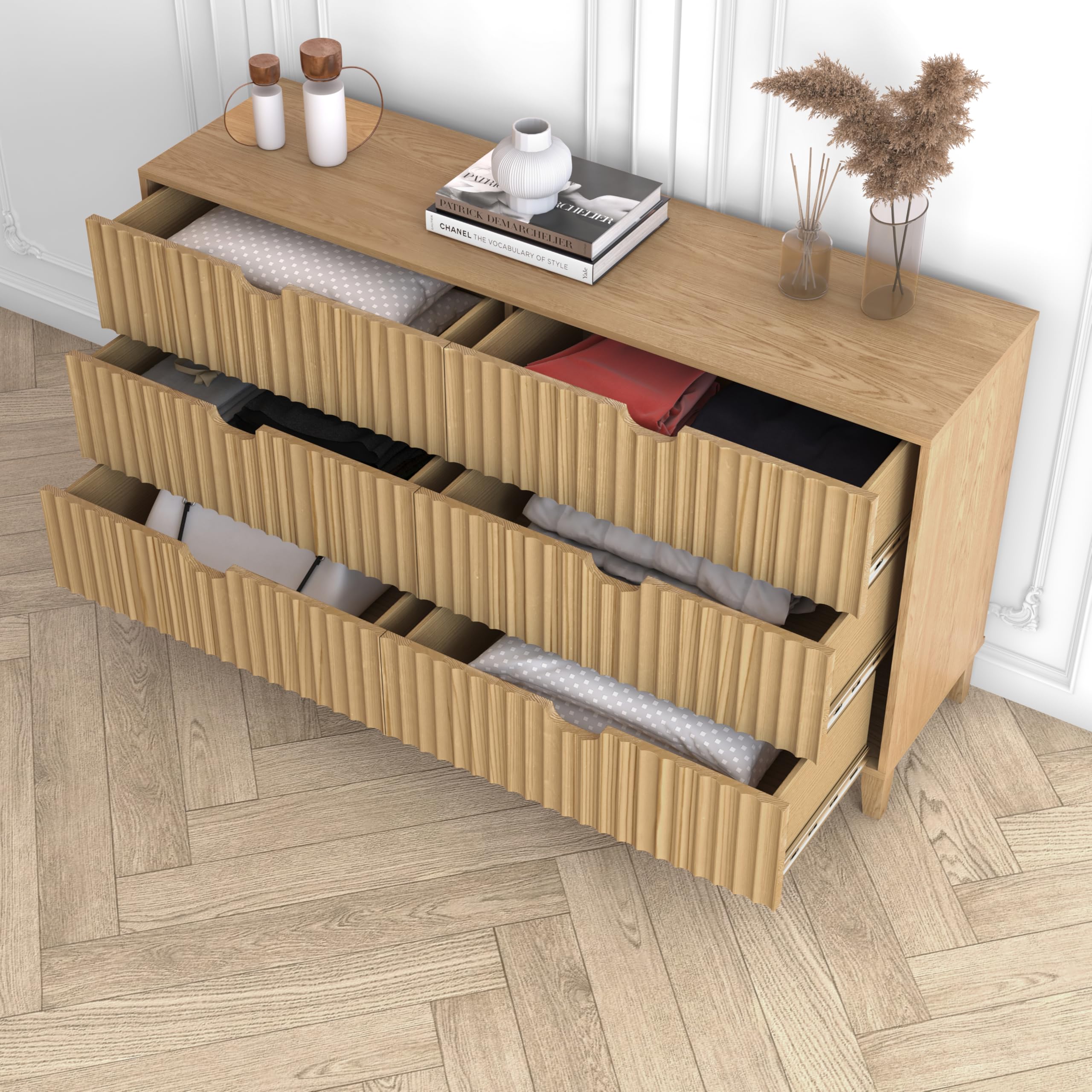 Fluted Dresser for Bedroom 6 Drawer, 58" Wide Large Wood Dresser, Chest of Drawers