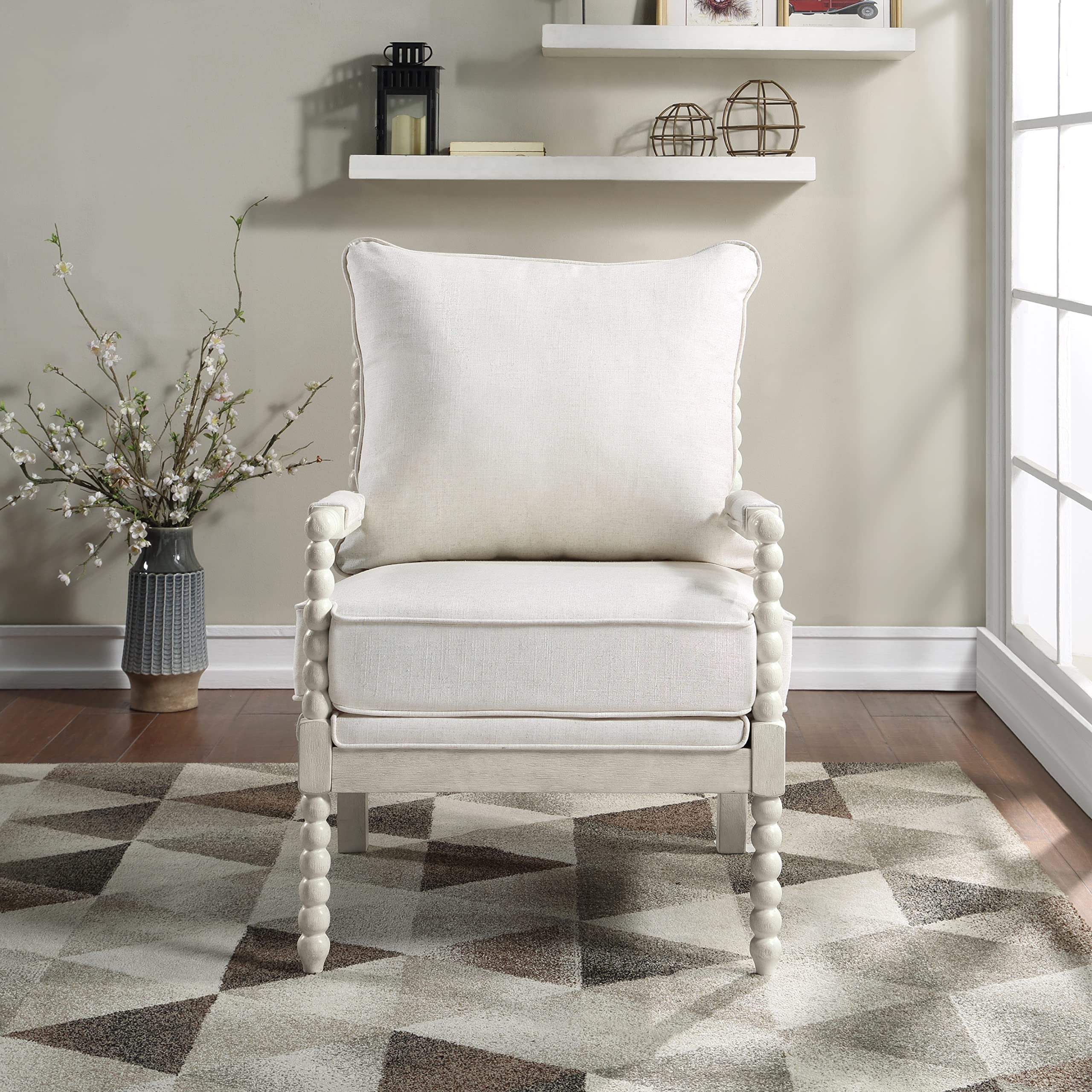 Kaylee Spindle Accent Chair with Antique White Wood Frame, White Linen Fabric