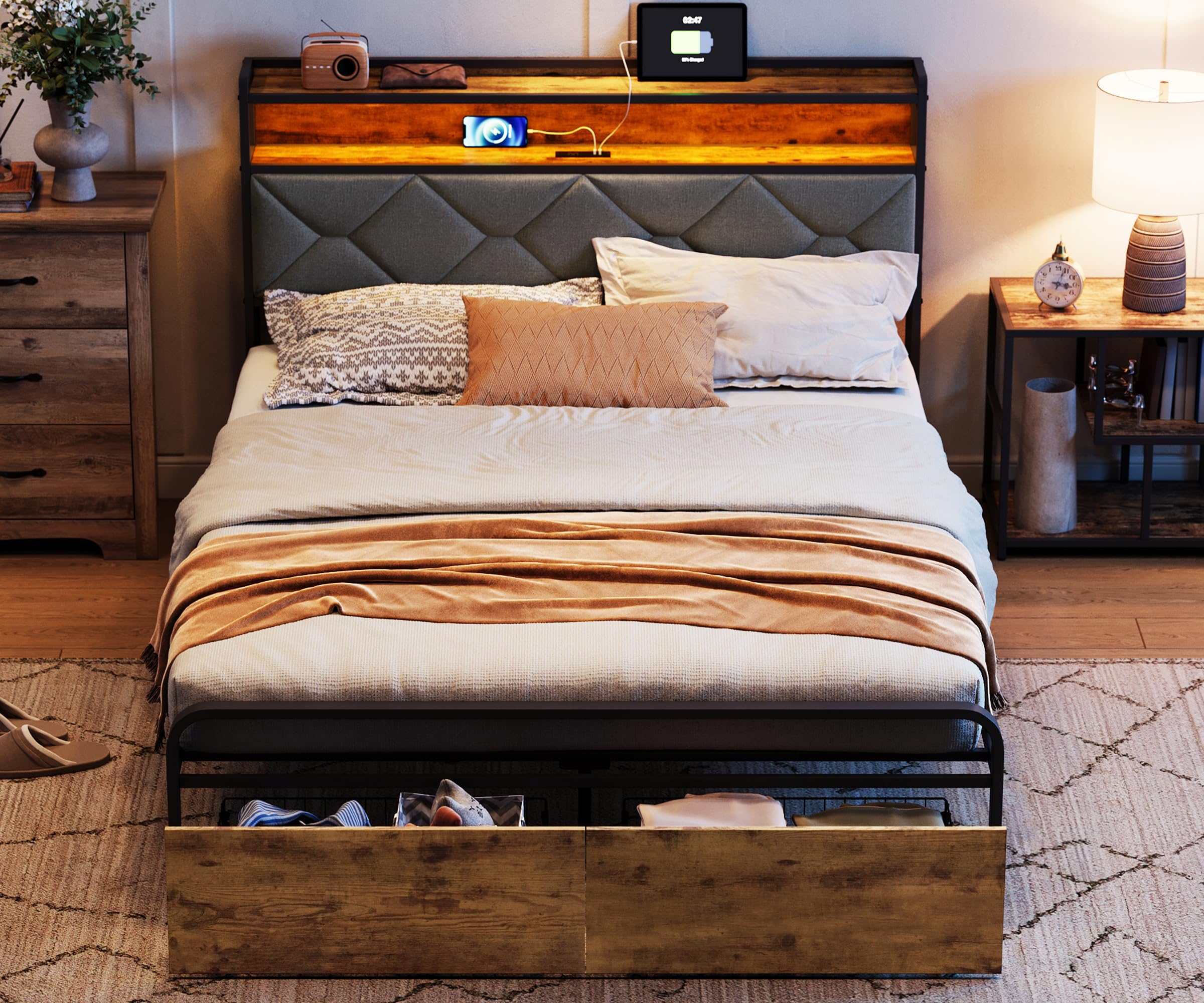 Full Size Bed Frame with 2 Storage Drawers