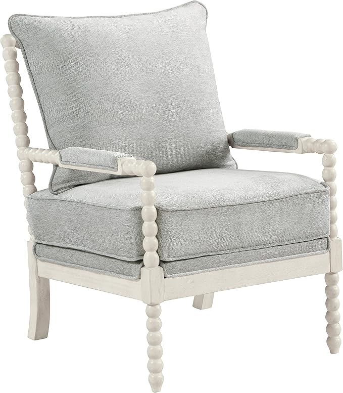 Kaylee Spindle Accent Chair with Antique White Wood Frame, White Linen Fabric