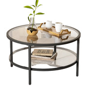 Round Black Glass Coffee Table, 2-Tier Modern Sleek Table for Living Room