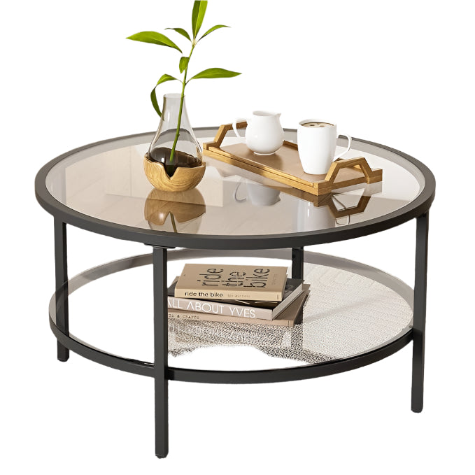 Round Black Glass Coffee Table, 2-Tier Modern Sleek Table for Living Room