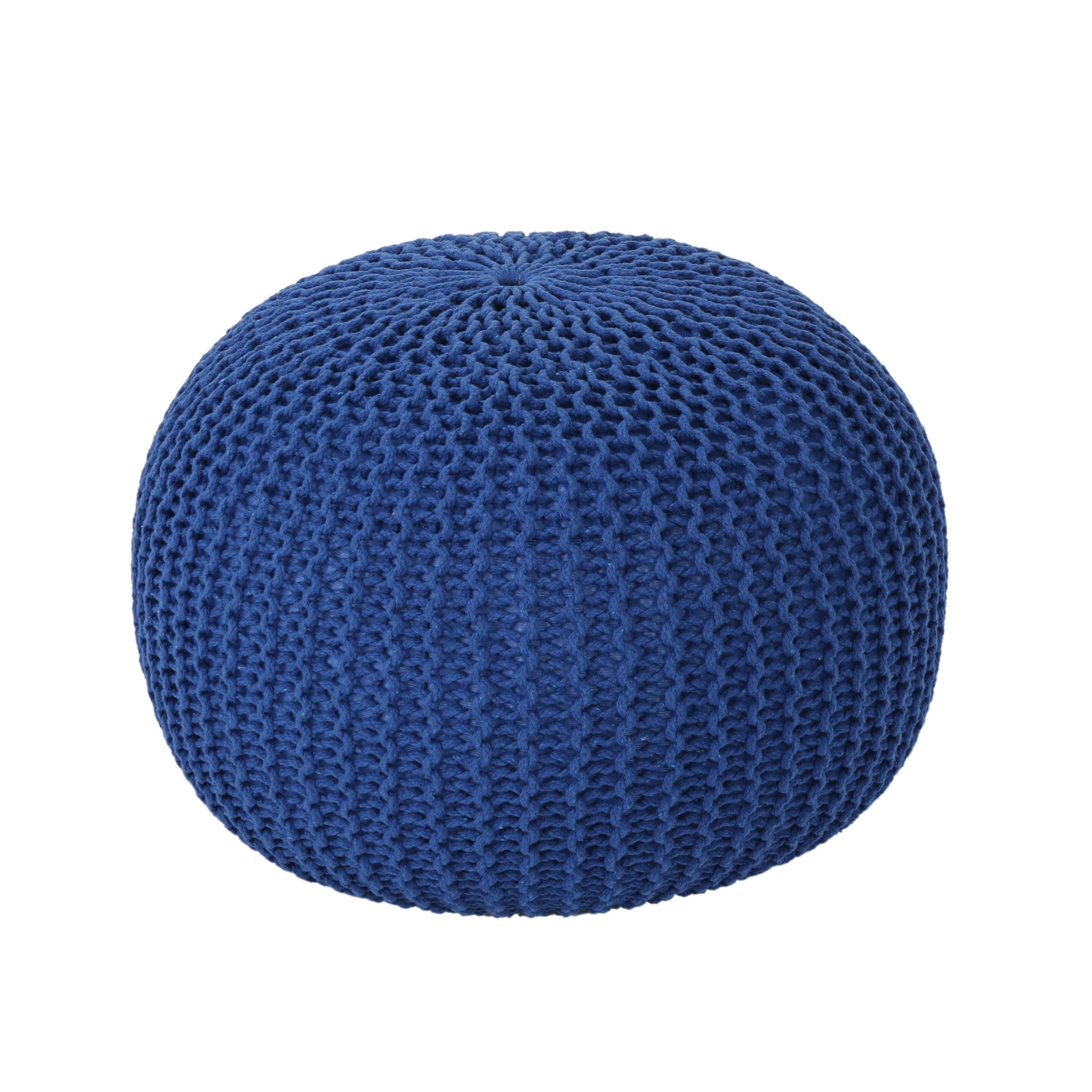 Belle Knitted Cotton Pouf, Navy,Ottomans and Poufs