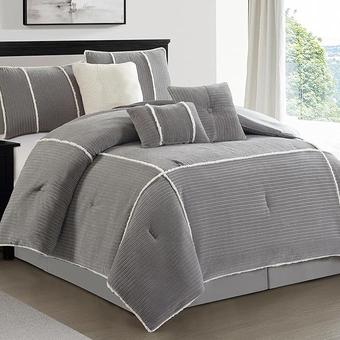 7 Piece Comforter Set Queen, Rust, Bed in a Bag, Corduroy Textured Bedding Set