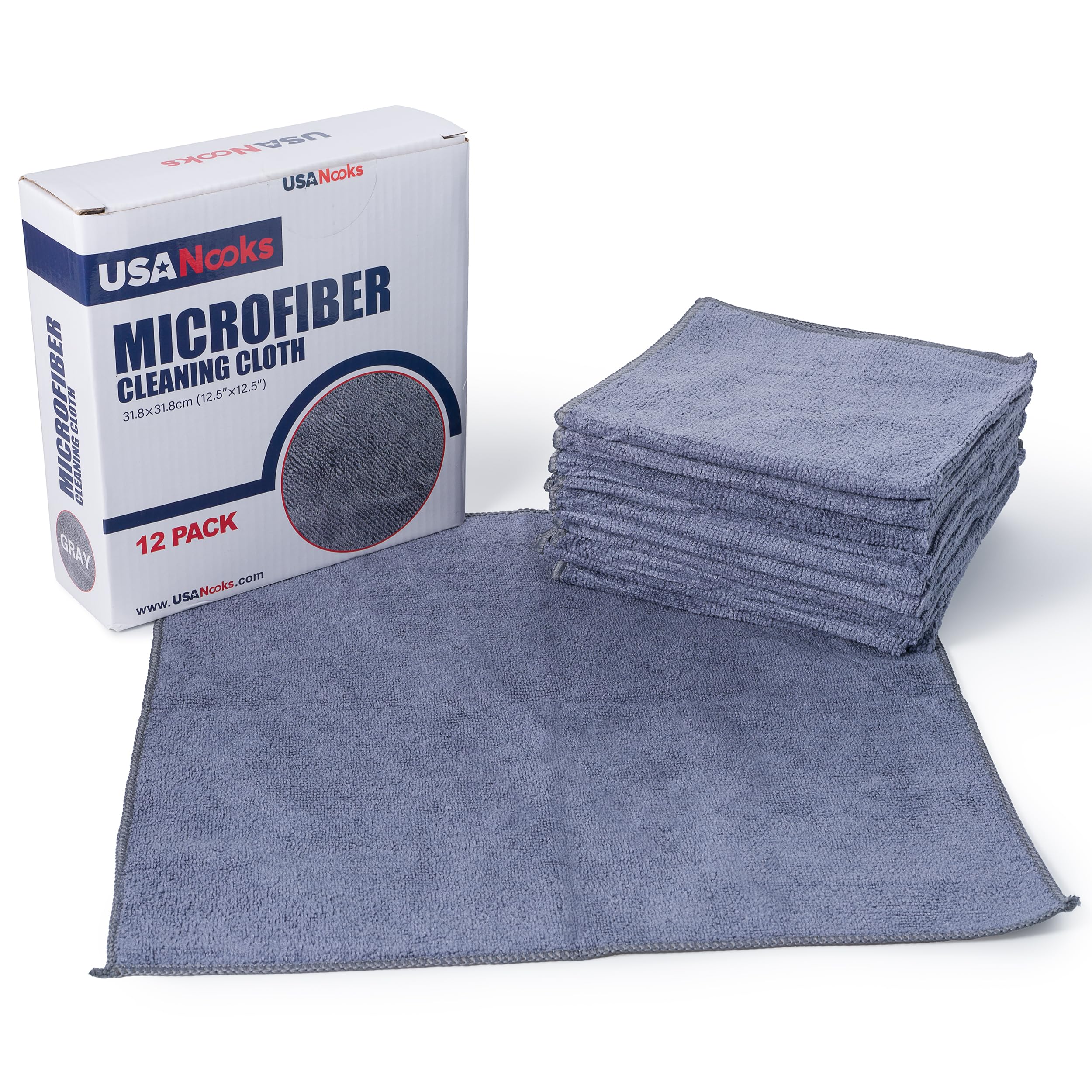 Microfiber Cleaning Cloth Grey - 12 Pcs (12.5"x12.5") - High Performance - 1200 Washes