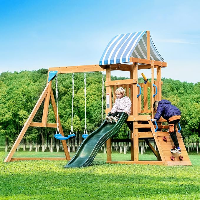3-in-1 Playground Wooden Swing Sets for Backyard, DIY Swing Sets with Tree Swing