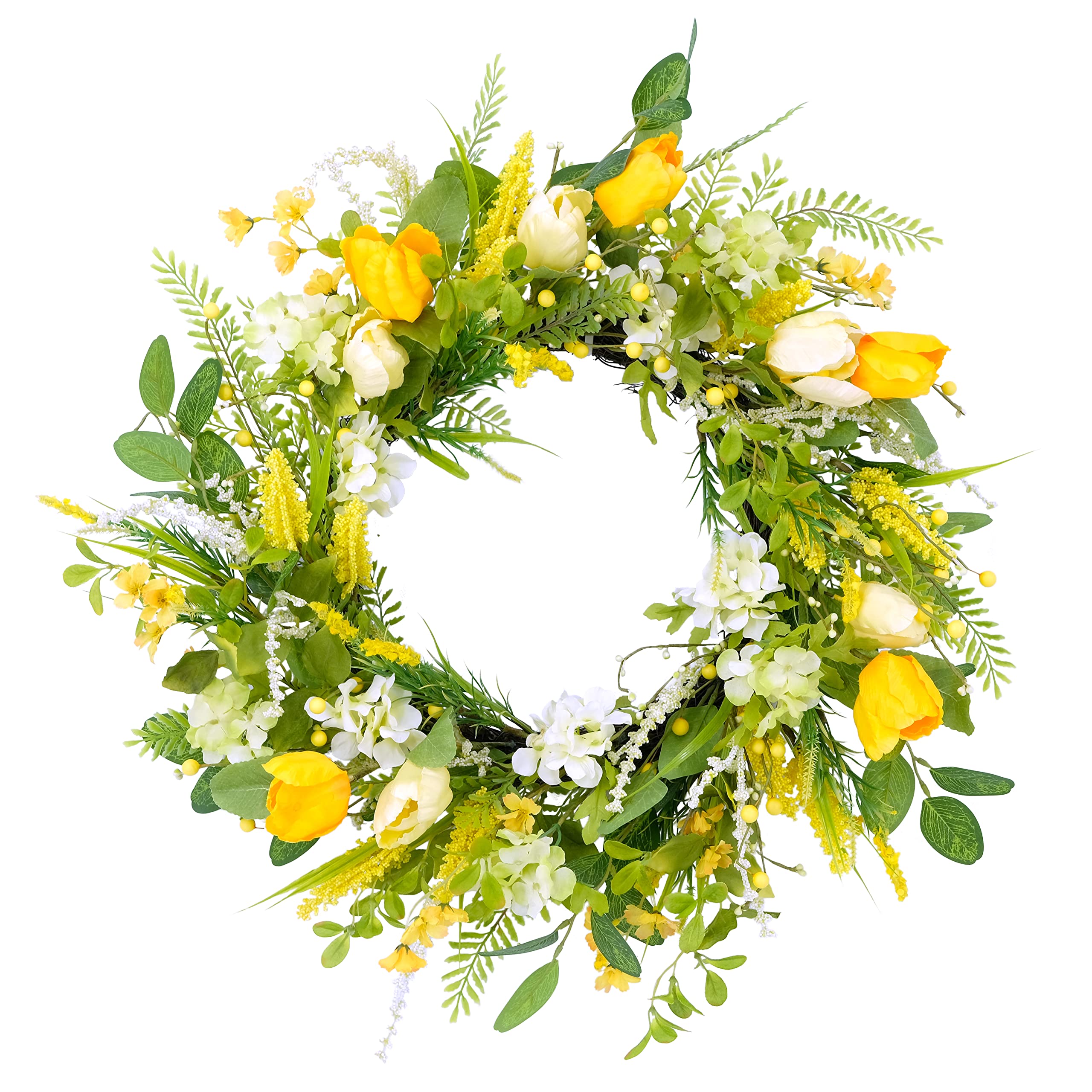 24" Artificial Tulip Floral Spring Door Wreath, Green/Yellow