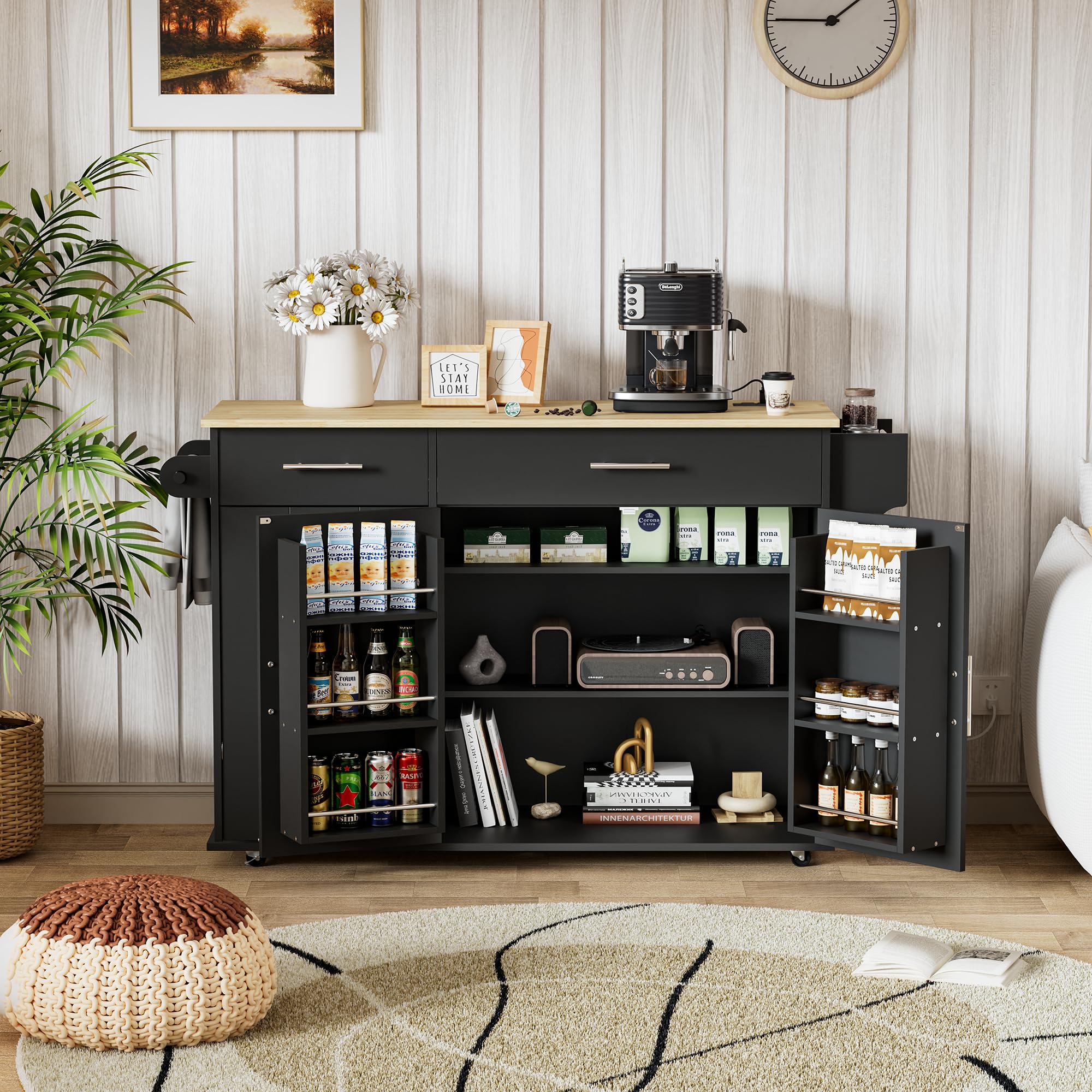 Kitchen Island with Trash Can Storage, Portable Kitchen Island on Wheels