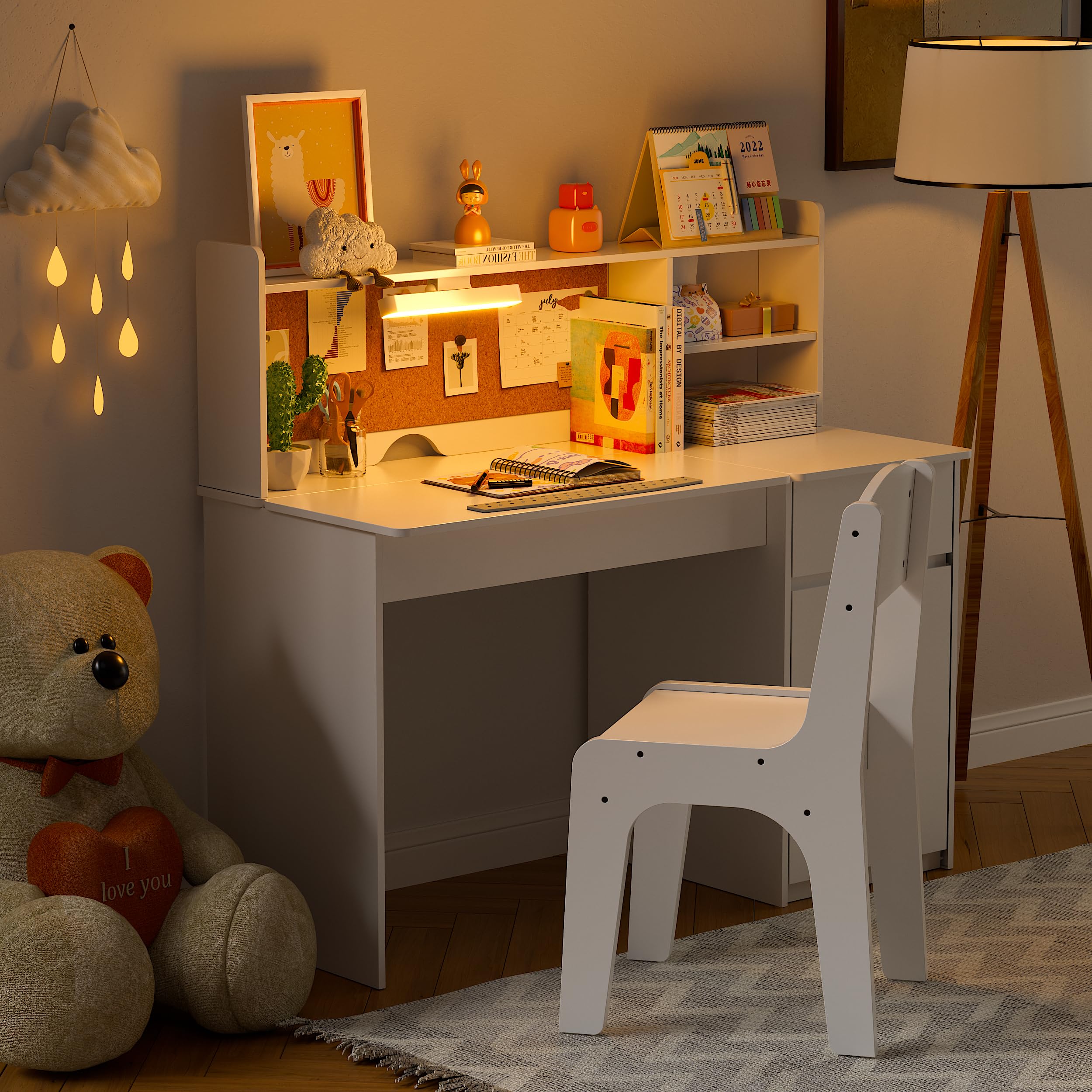 Study Desk and Chair Set,ChildrenTable with 3-Color Lights(Not Rechargeable)
