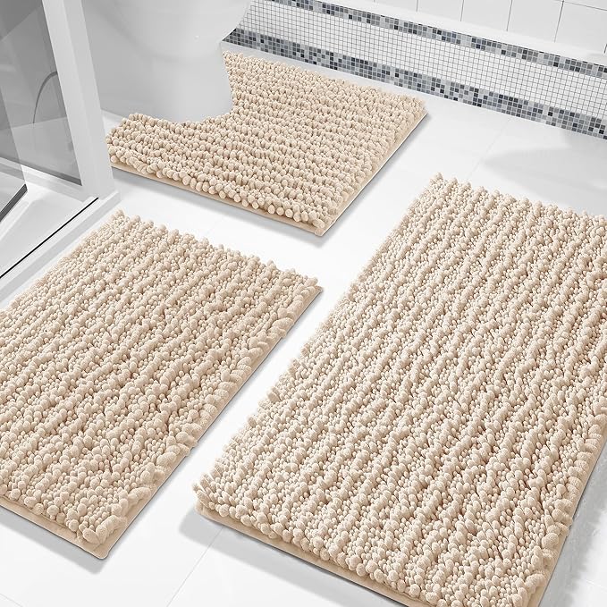 Bathroom Rugs Sets 3 Piece, Fluffy Plush Chenille Baht Room Mats Sets