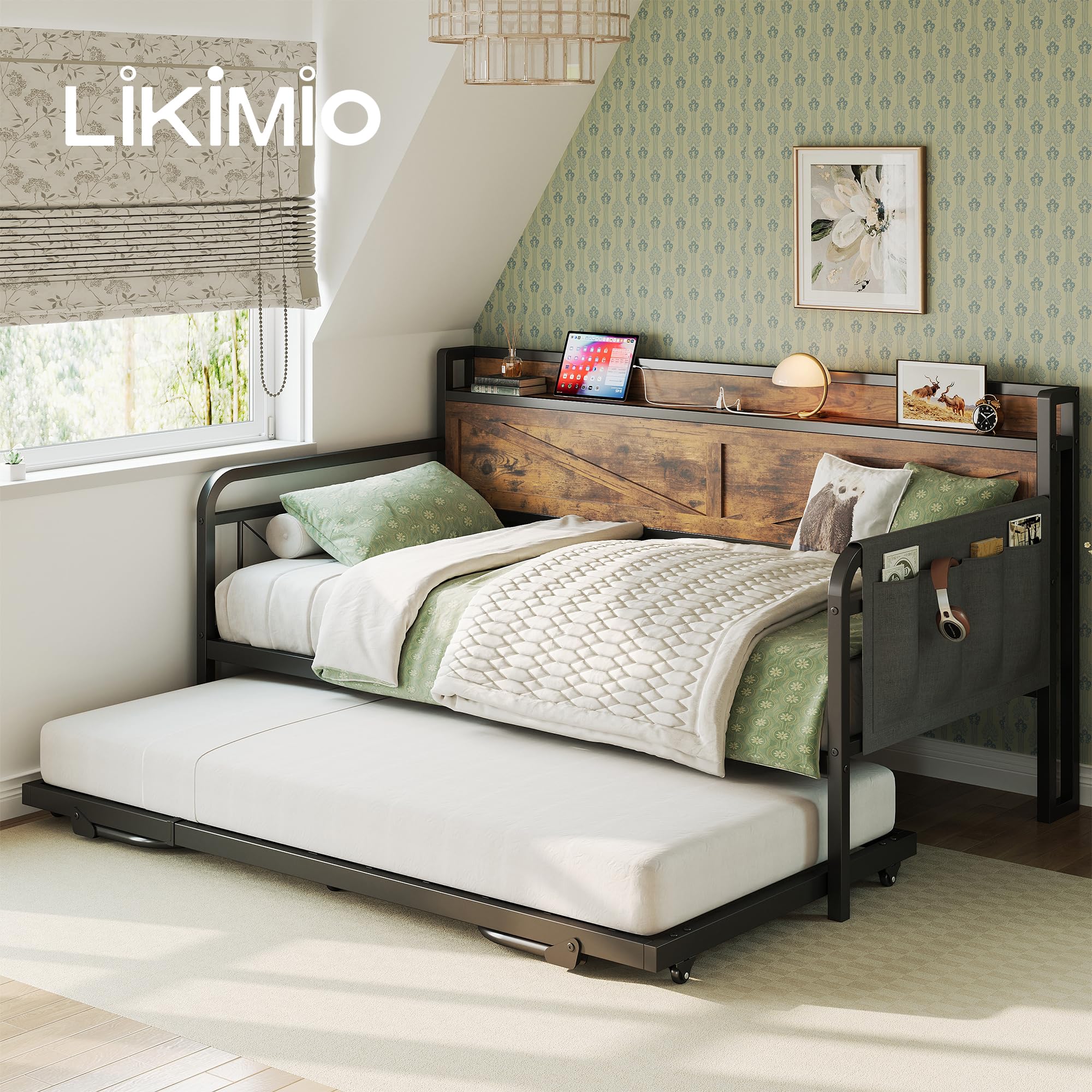 Twin Daybed with Trundle Bed, Storage Headboard with Charging Station, Sofa Day Bed