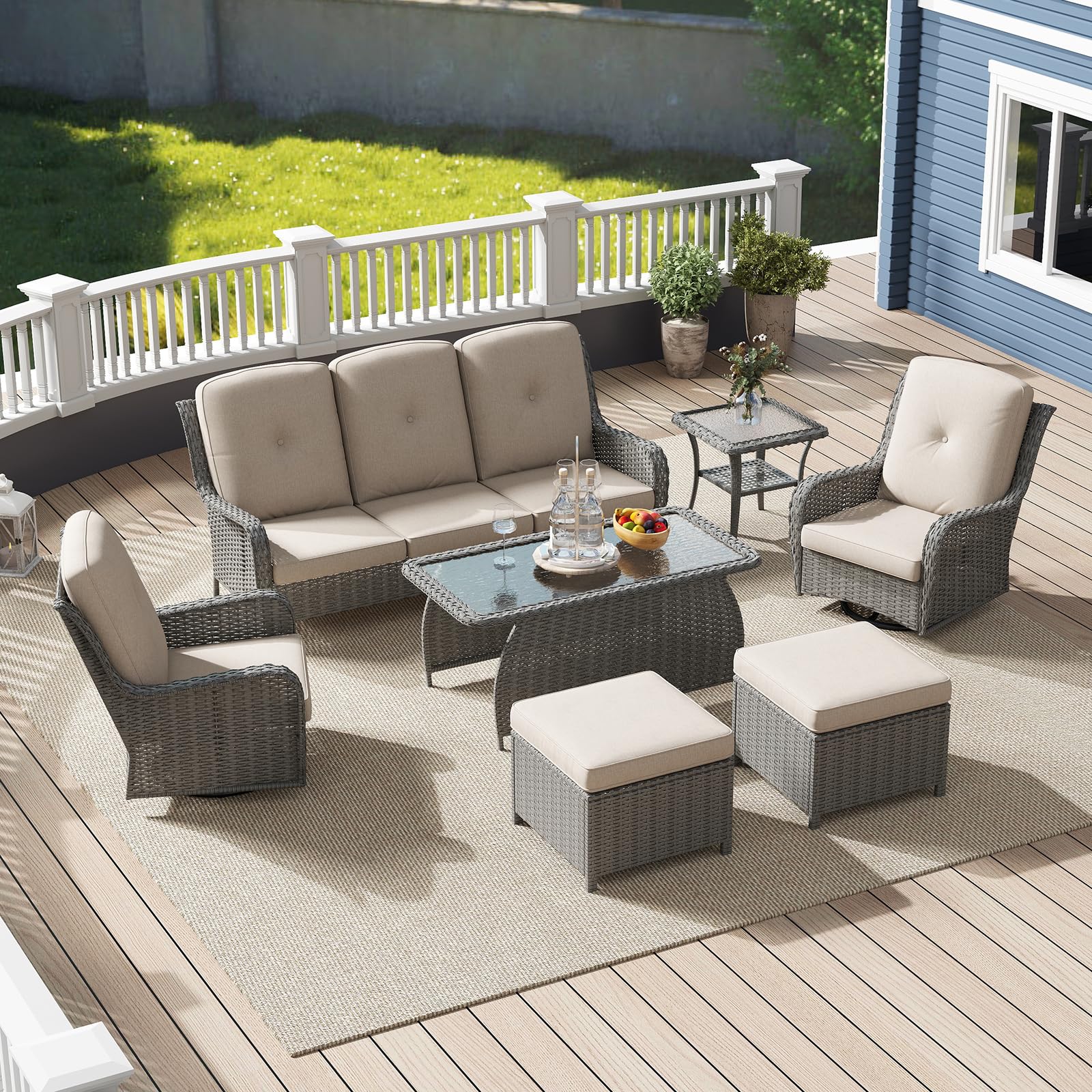 7 Pieces Wicker Patio Furniture Set, Outdoor Swivel Rocking Chair