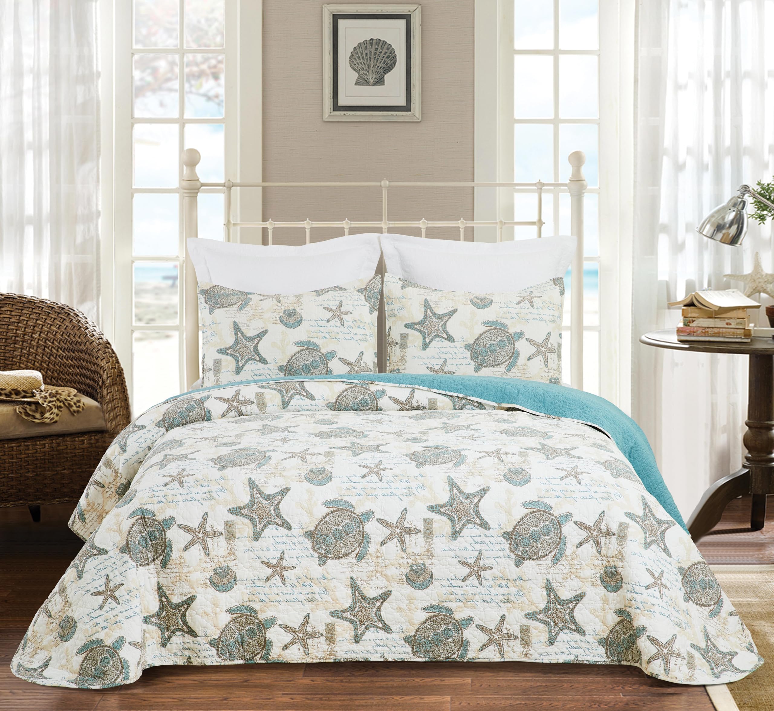 Amber Sands King 3 Piece Quilt Set Summer Beach Ocean Coastal Starfish Seaturtle