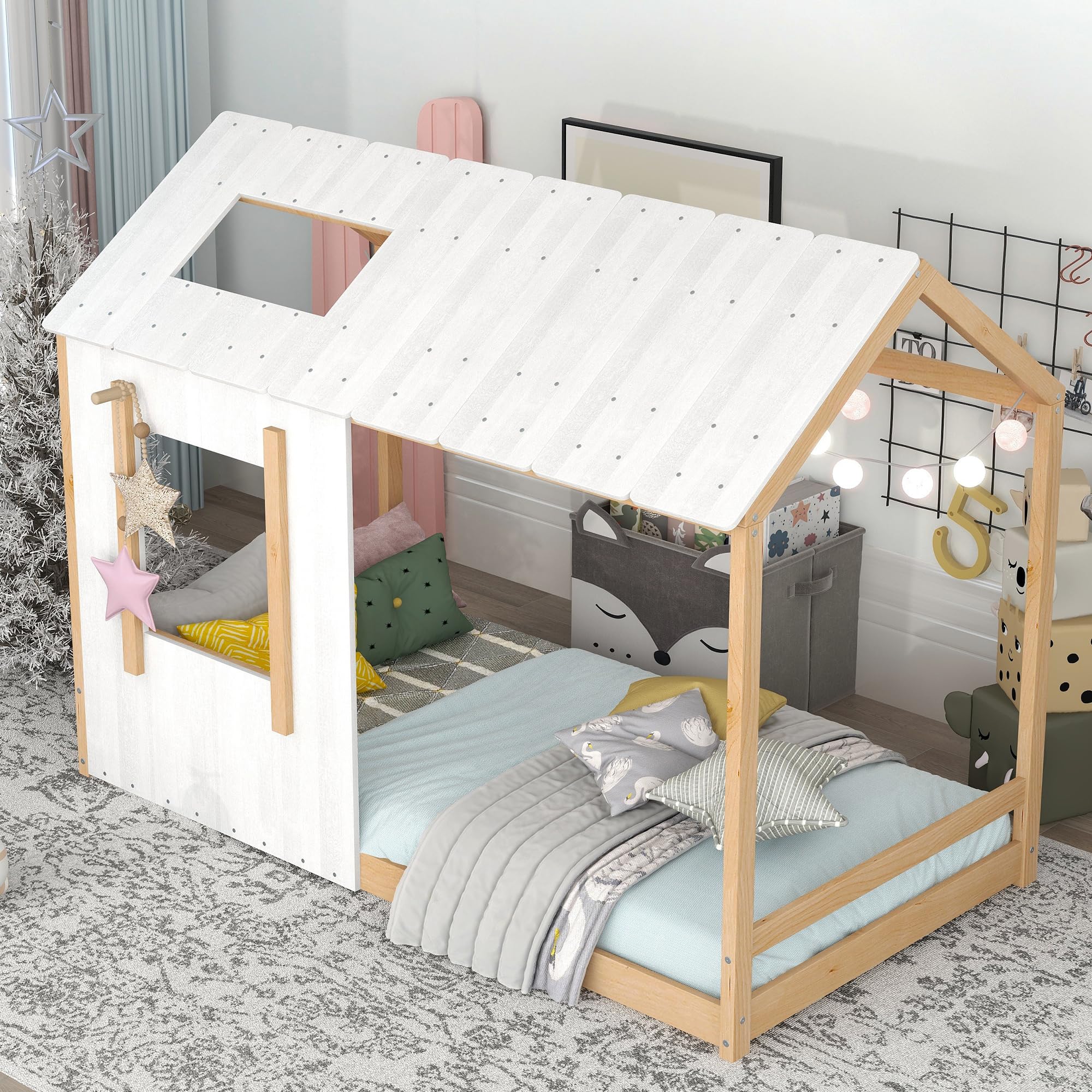 Bed Frame, Twin Size House Floor Bed Frame with Headboard, Roof and Window,
