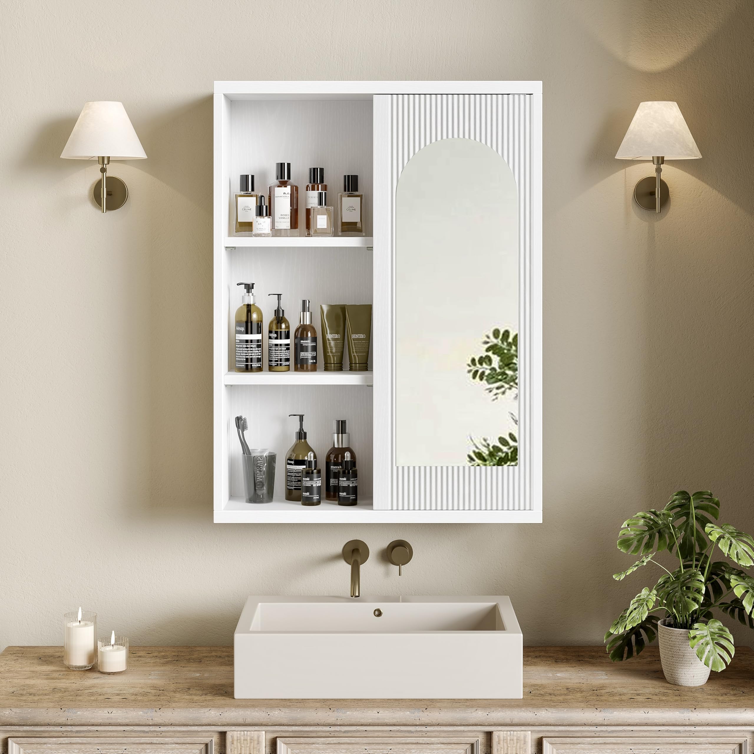 20’’x26’’ Medicine Cabinet, Bathroom Cabinet Wall Mounted with Fluted Door & Arch Mirror