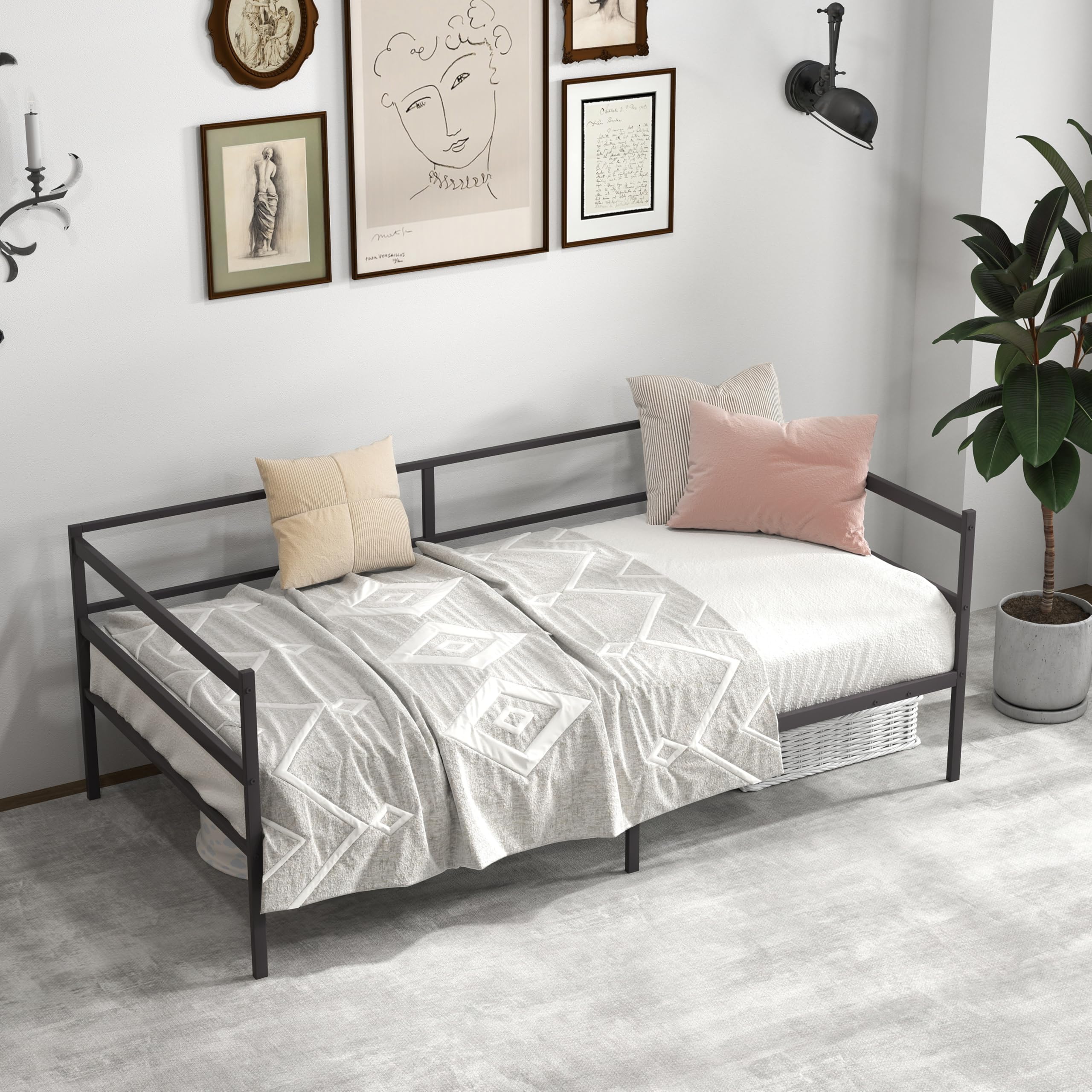 Metal Daybed Frame Twin Size, Heavy-Duty Steel Slats Support Sofa Bed, Platform Mattress
