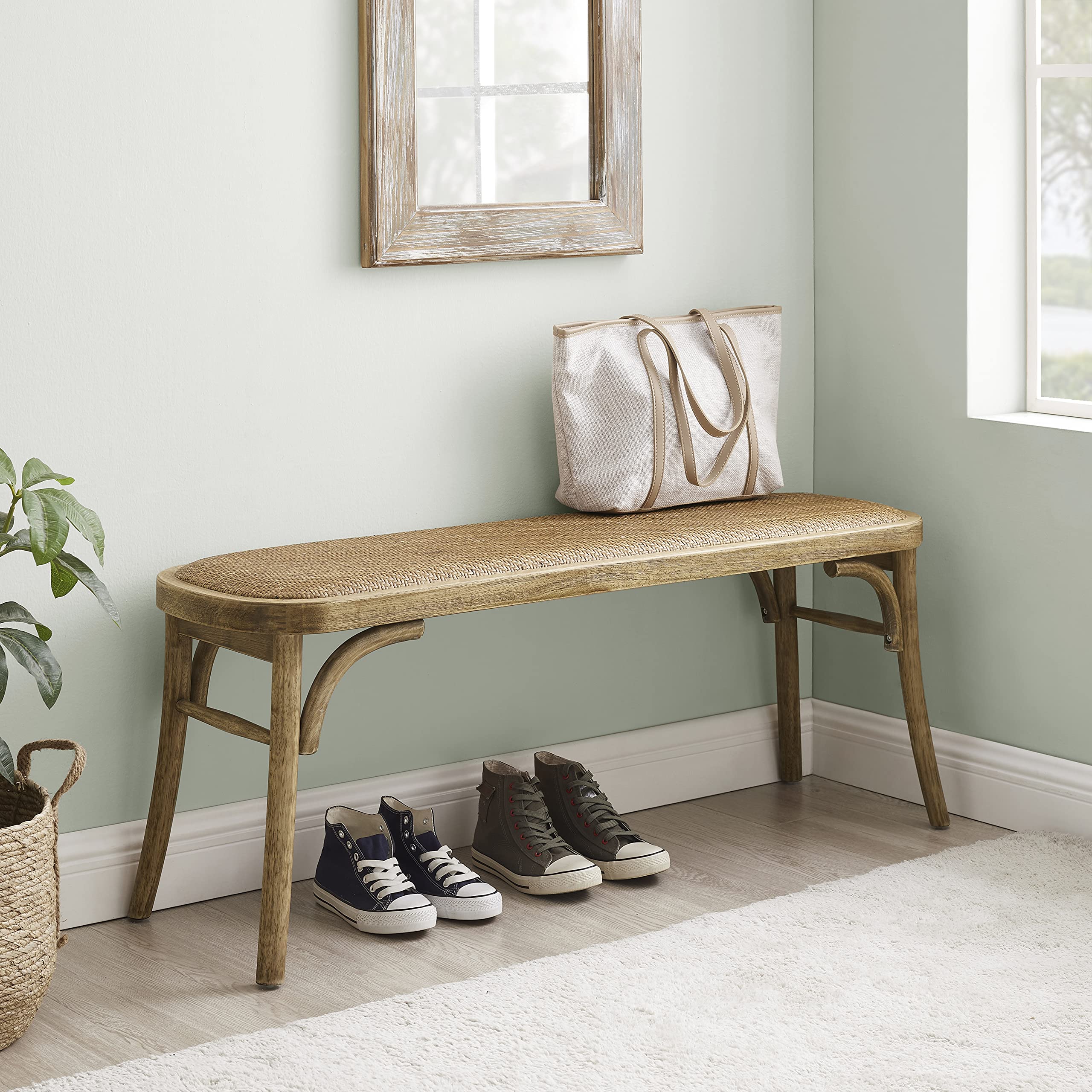 Hank Natural Bentwood Bench with Natural Woven Rattan Seat