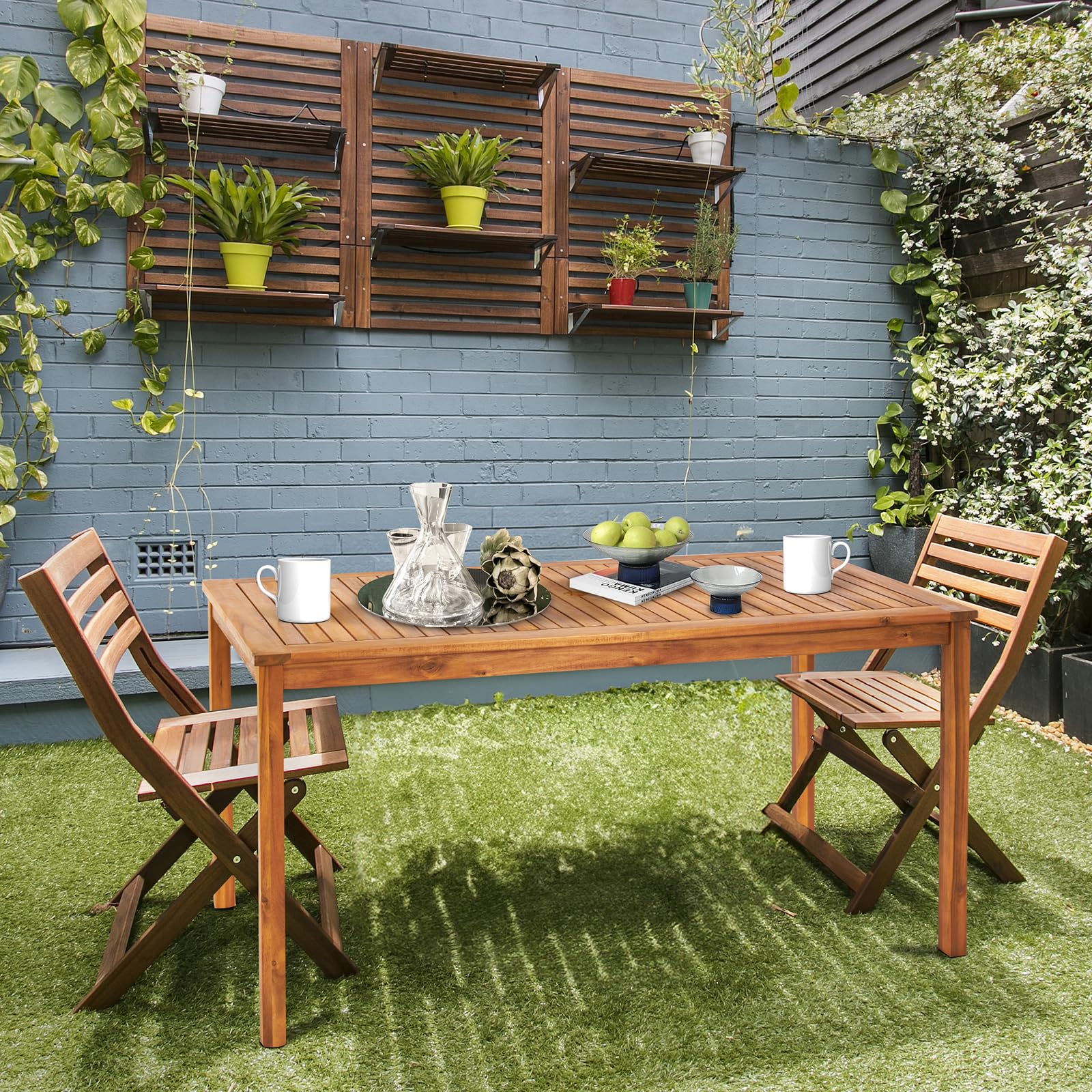 Outdoor Dining Table, 57" Acacia Wood Rectangular Table with Umbrella Hole
