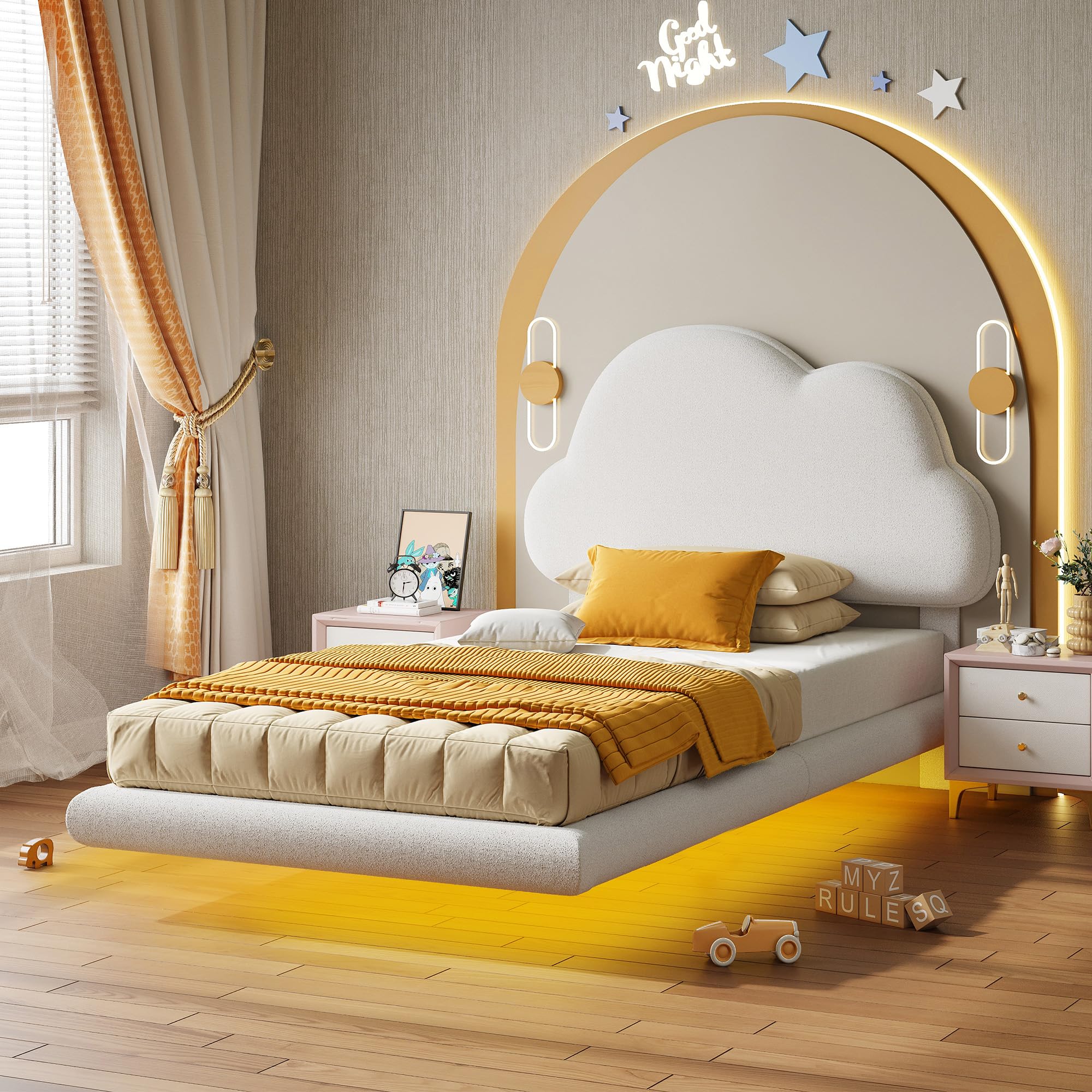 Twin Bed Frames with Cloud Headboard, Upholstered Boucle Floating Platform Bed
