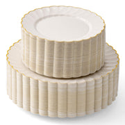 HEAVYWEIGHT 100 Pc Ivory Scalloped Plastic Plates with Gold Trim