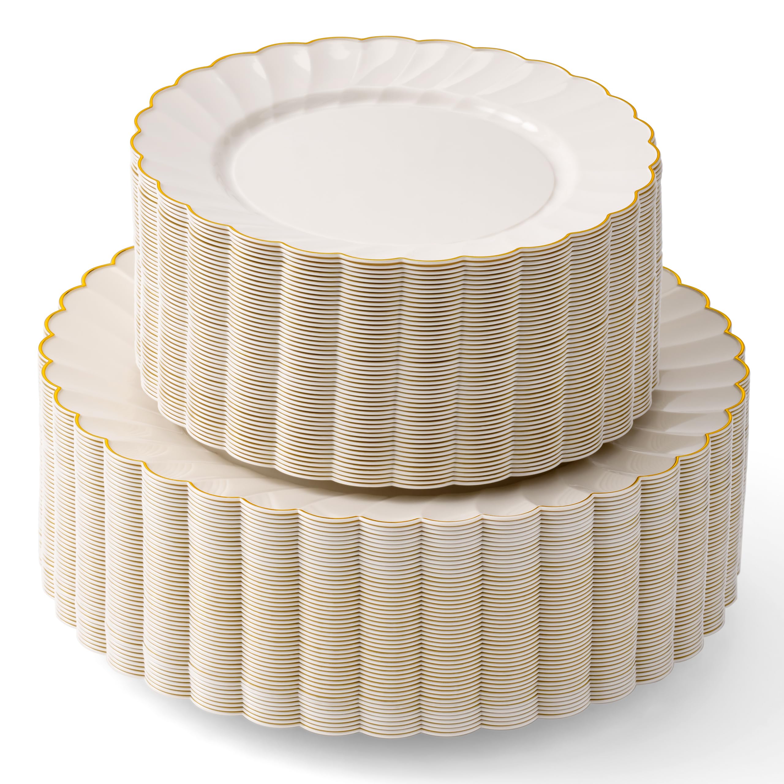 HEAVYWEIGHT 100 Pc Ivory Scalloped Plastic Plates with Gold Trim