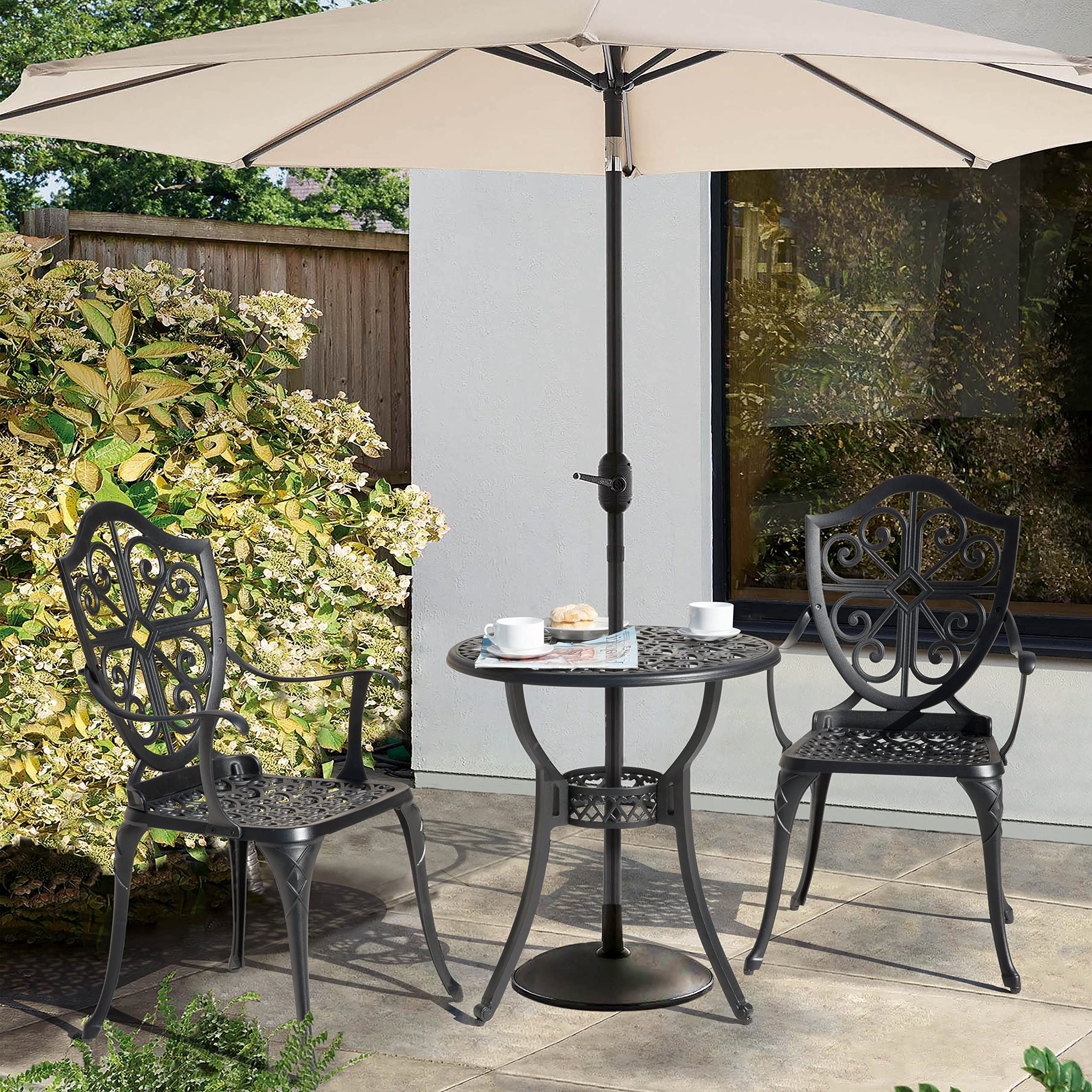 Bistro Set 3 Piece Outdoor, Cast Aluminum Patio Bistro Sets with Umbrella Hole