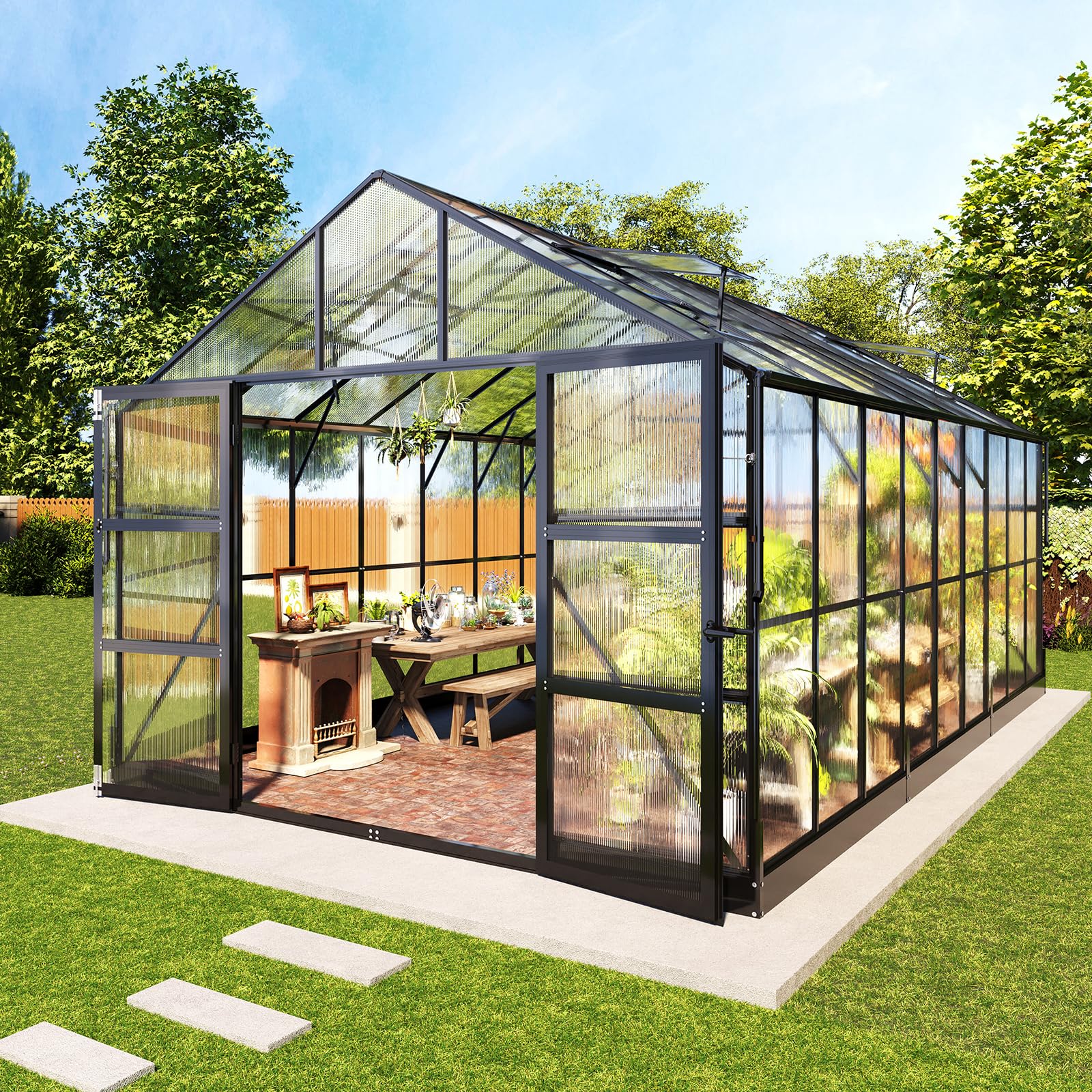 10x18x8.4 FT Polycarbonate Greenhouse with 4 Roof Vents & Rain Gutter