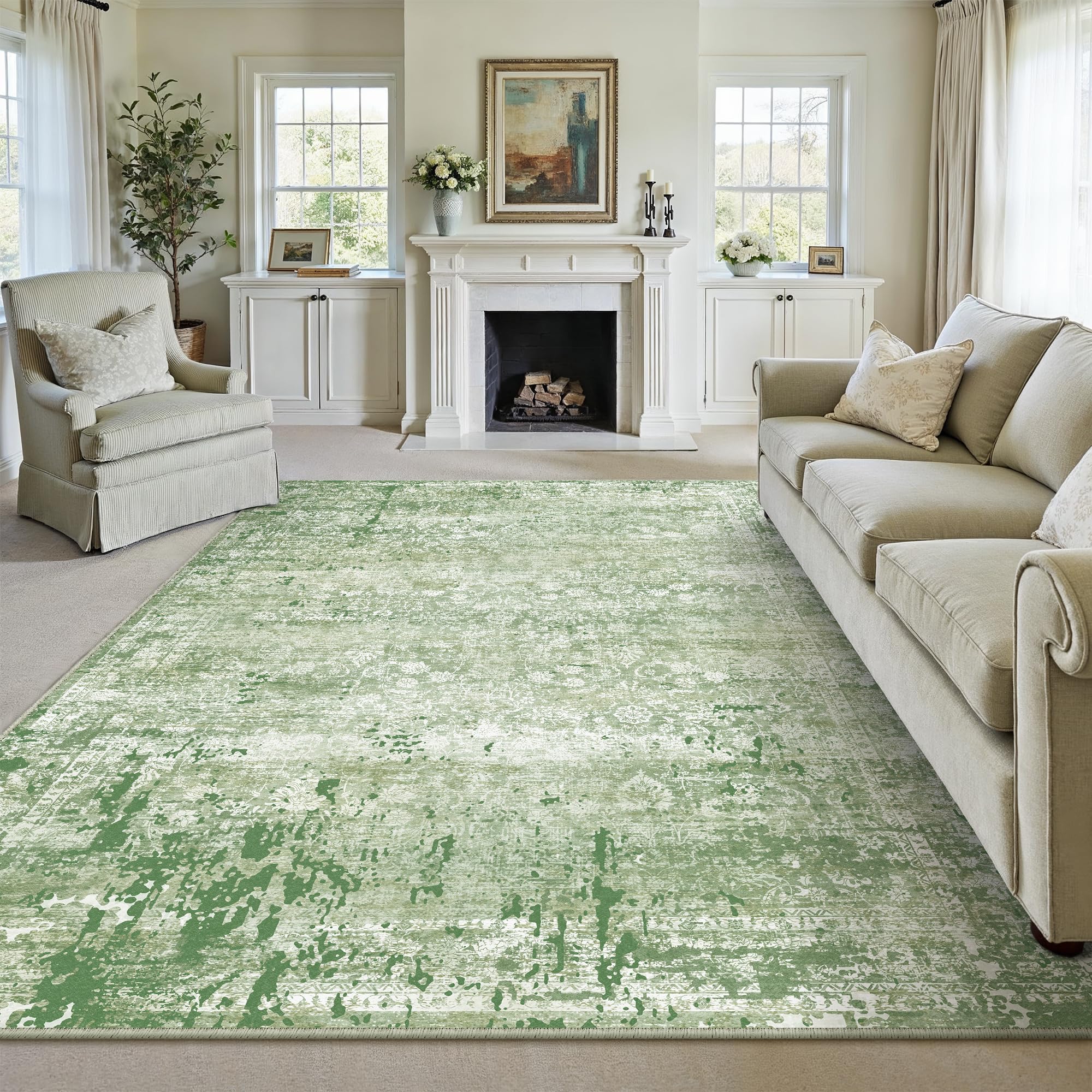 8x10 Washable Area Rug Green Sage Modren Neutral Living Room Bedroom Indoor