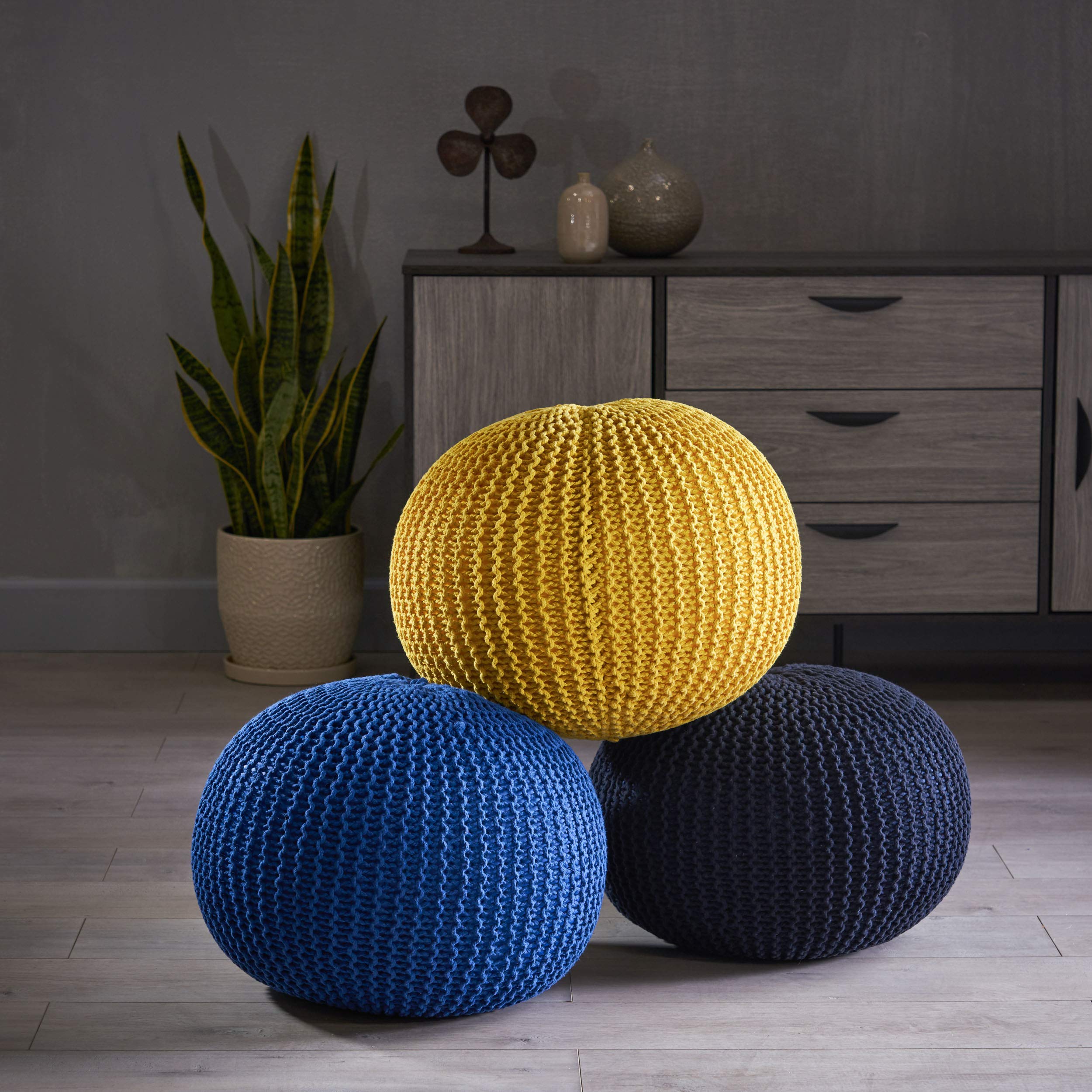 Belle Knitted Cotton Pouf, Navy,Ottomans and Poufs