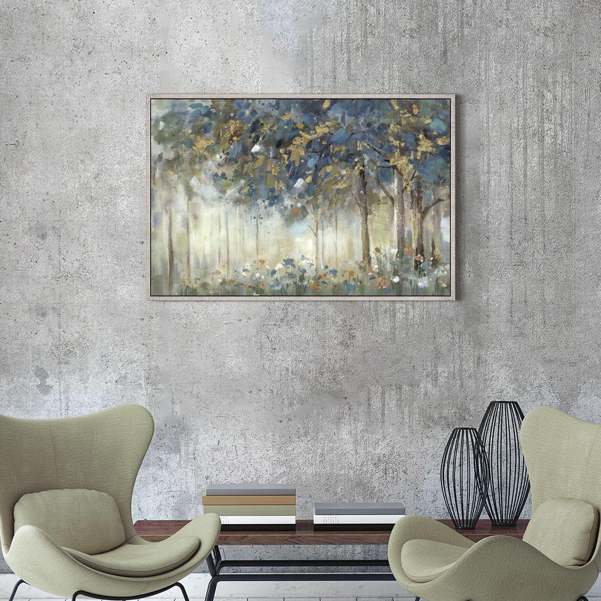 Tree Framed Wall Art Canvas: Landscape Painting Nature Picture Hand Painted Forest