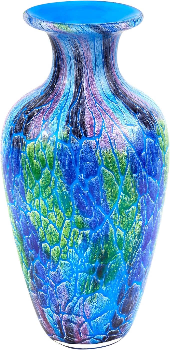 Badash Firestorm Murano-Style Glass Vase - 11" Tall Decorative Mouth-Blown Art