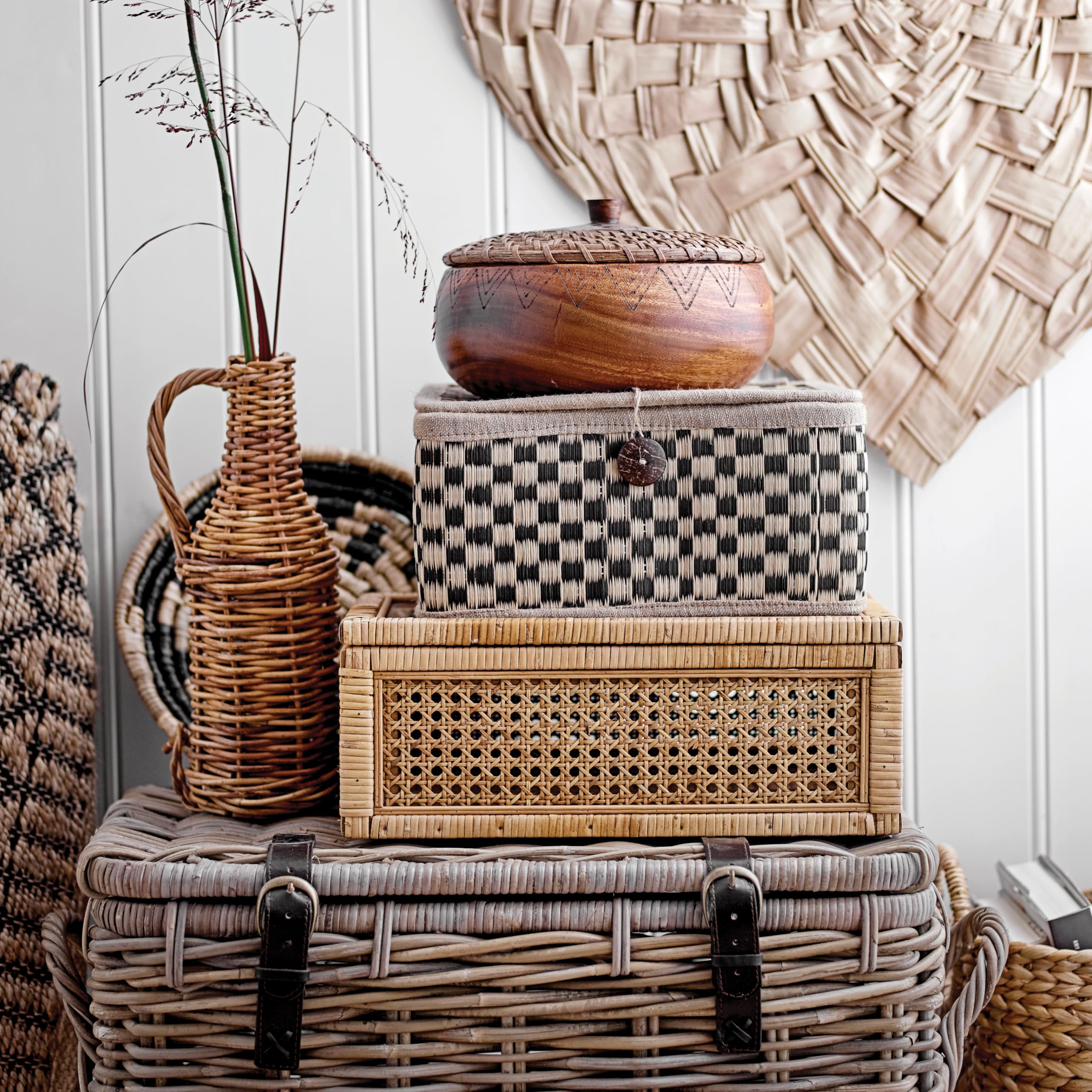 Modern Decorative Rectangle Woven Rattan and Wood Display Boxes
