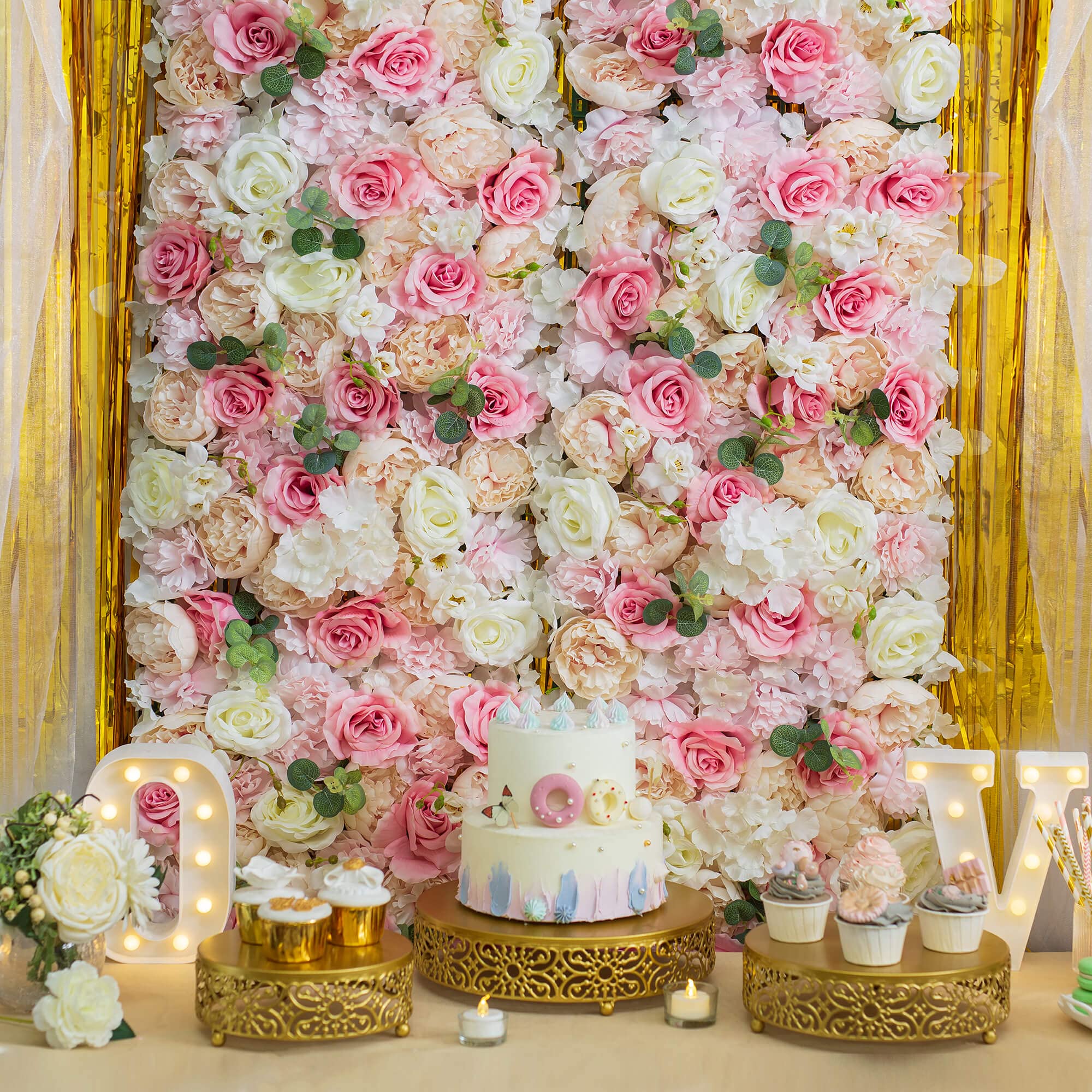 Flower Wall Panel for Backdrop: 12 Pcs 24 X 16 White & Pink Faux Roses Artificial Flower
