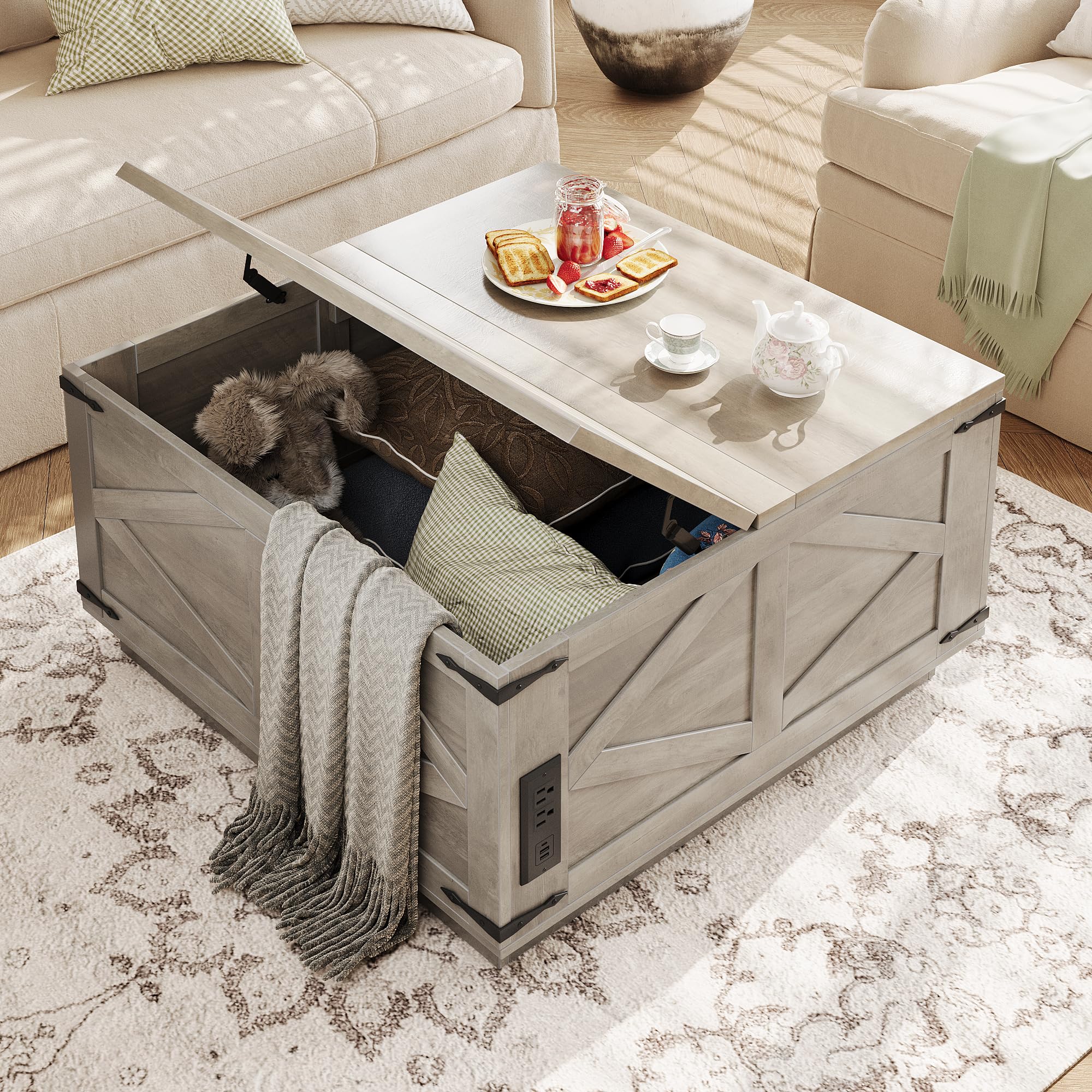Table, Farmhouse Coffee Table with Storage, Square Wood Center Table with LED Light