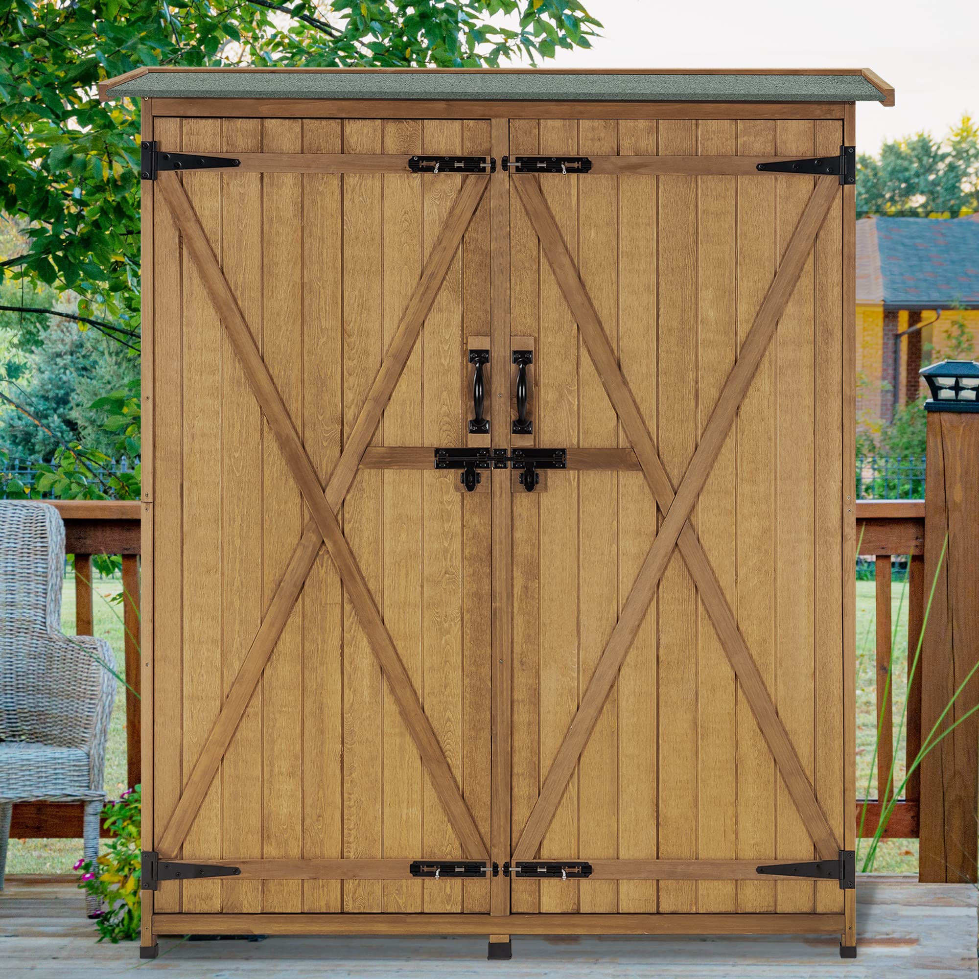 Outdoor Storage Cabinet with Shelves, Wood Garden Shed with Floor