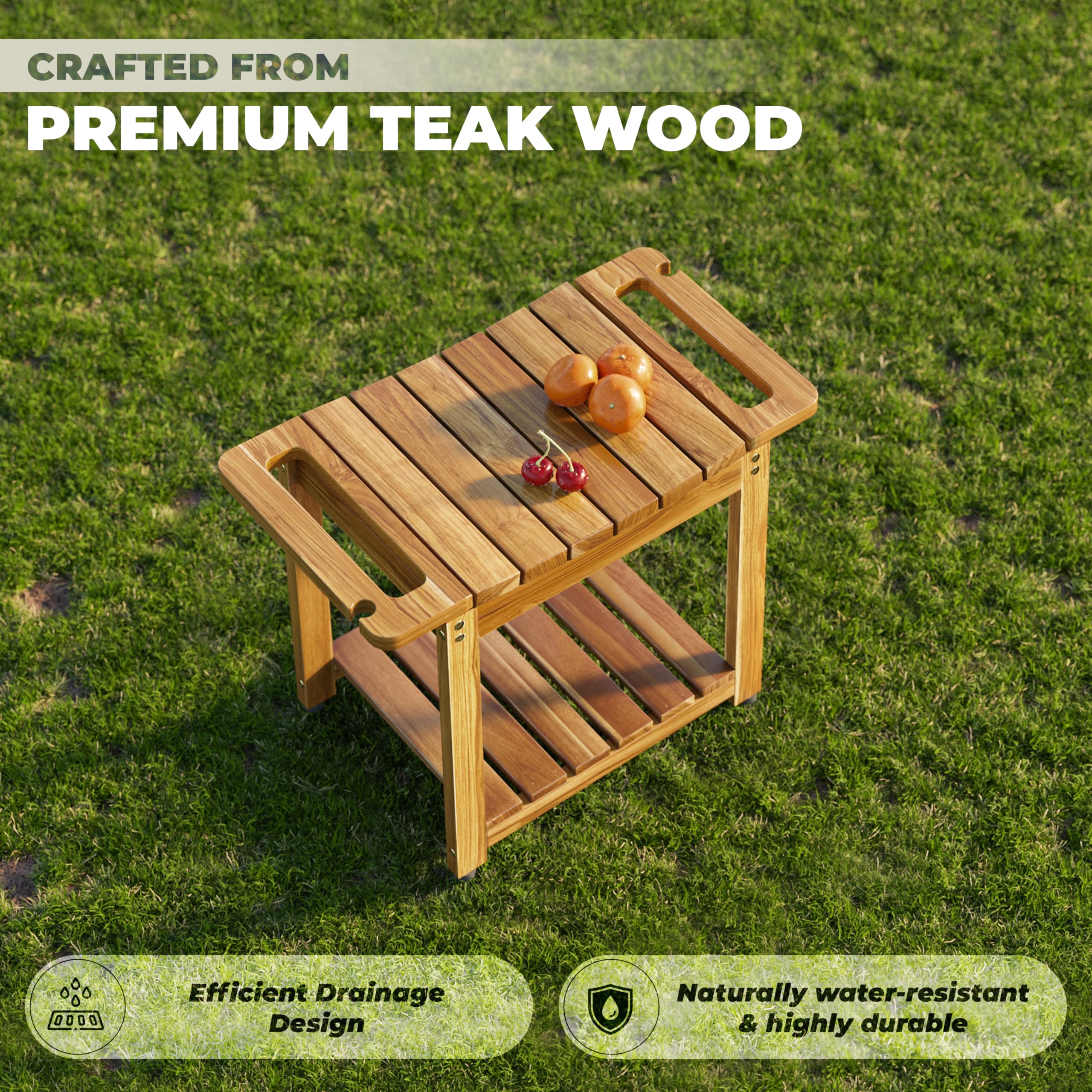 LotusSway Teak Shower Bench Seat with Storage Shelf, Wood Shower Benches for Inside Shower to Sit on, Teak Shower Stool & Spa for Elderly with Shower Head Holder & Built in Handle for Bathroom/Outdoor